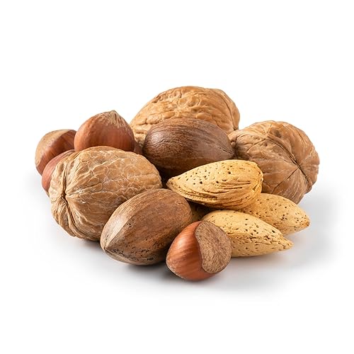 NUTS U.S.  Mezcla de nueces en cáscara (almendras, nueces, avellanas, nueces pecanas)  Sin colores añadidos y sin sabores artificiales  Sabor a