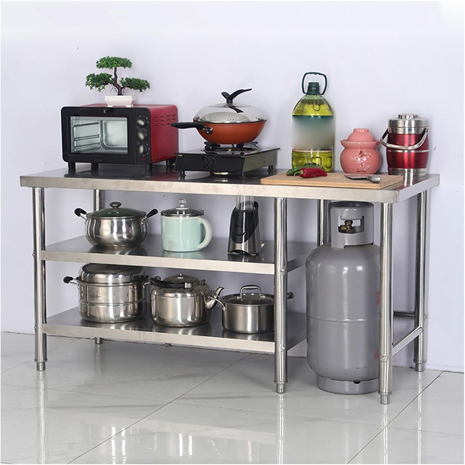 Thickened Stainless Steel Table Water Proof and Rustproof 2 Layers of Shelves Extended Worktable with Vertical Storage Space Adjustable Feet