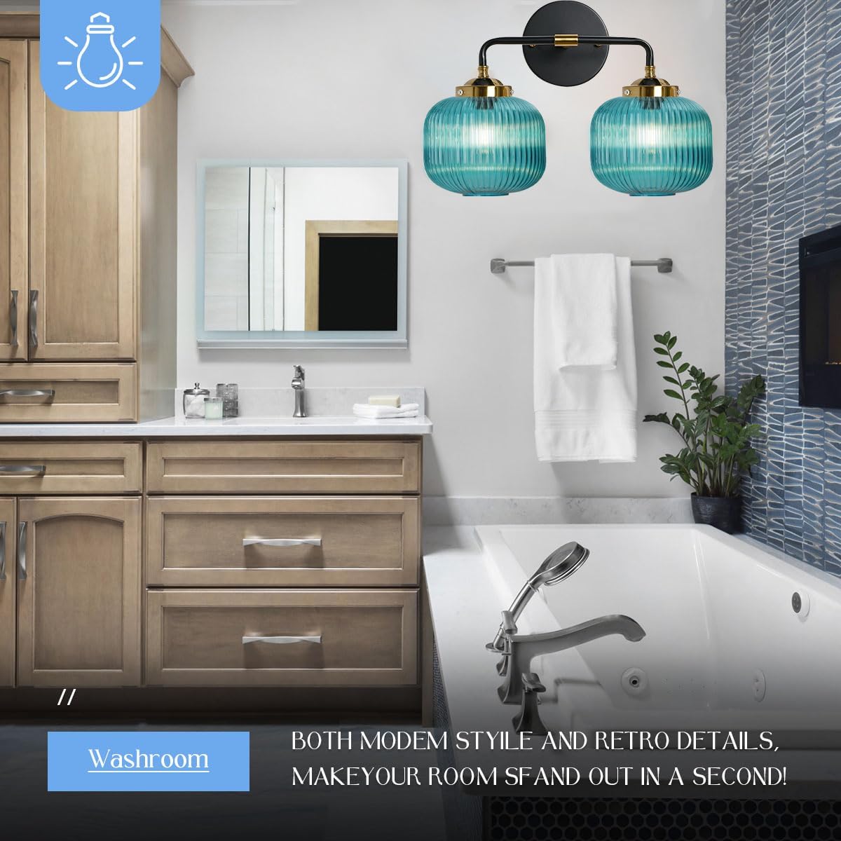 Bathroom Mirror Vanity Light Fixture 2 Lights Blue Globe Shade Vintage Glass Wall Light fixtures Black Gold Bathroom Lights Modern Retro Wall Sconce for Above Kitchen Sink Bedroom