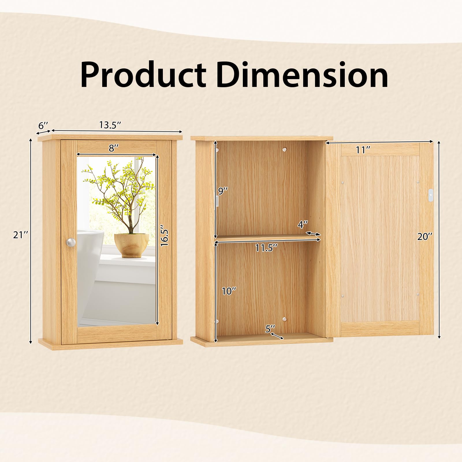 GIANTEX Armoire Murale avec Mirror, Meuble Salle de Bain Rangement avec Étagère Réglable & 2 Compartiments, Placard de Rangement pour Toilette, Salon, 34 x 15 x 53 cm (Naturel)