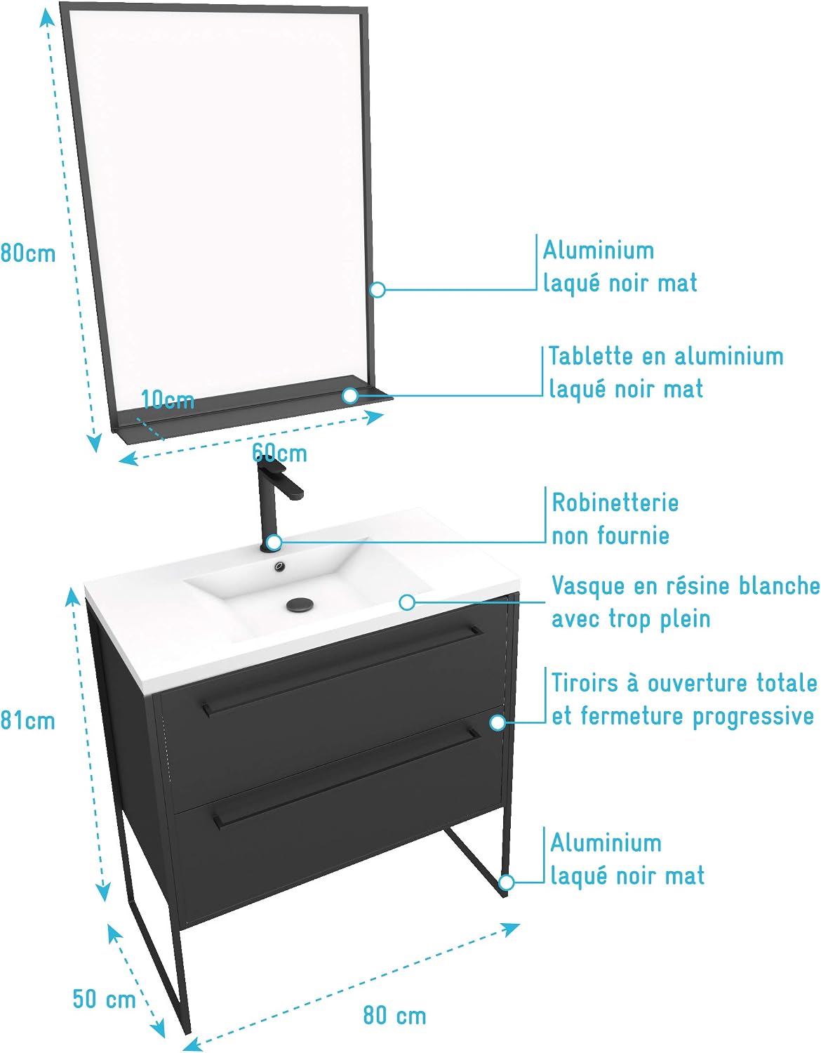 AURLANE Bathroom Furniture Set 80 x 50 cm Matt Black with 2 Drawers - White Sink + Mirror