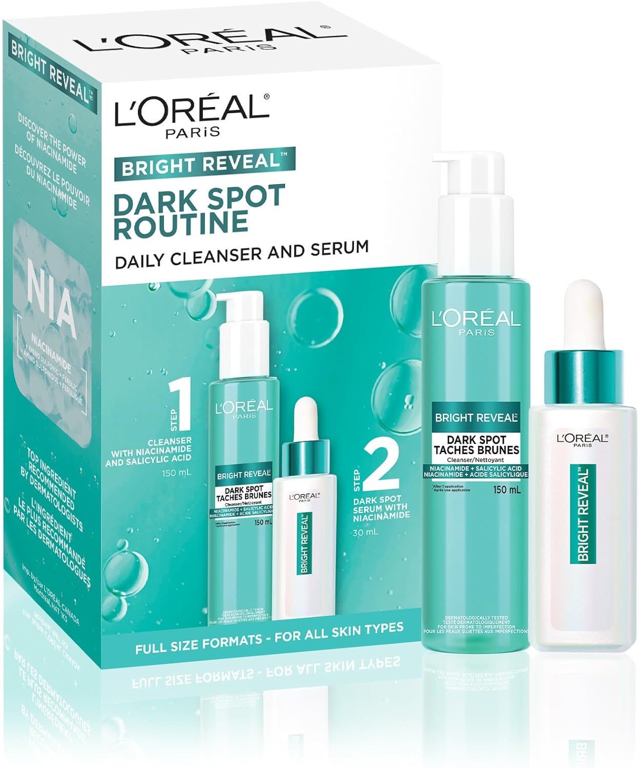 L’Oréal Paris Bright Reveal Dark Spot Skincare Kit, 2 Piece Routine Formulated with Niacinamide to Visibly Brighten Look of Dark Spots, For All Skin Tones L’Oréal Paris Bright Reveal Dark Spot Skincare Kit, 2 Piece Routine Formulated with Niacinamide to Visibly Brighten Look of Dark Spots, For All Skin Tones