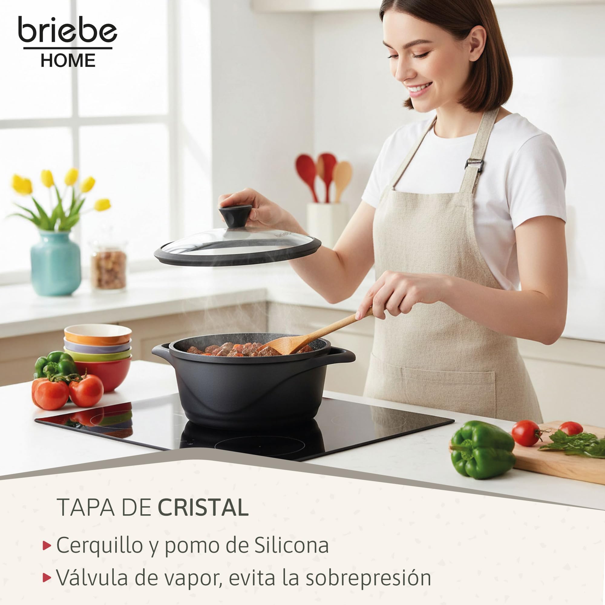 briebe Batería Cocina Inducción 8 Piezas, Juego 4 Ollas Aluminio Fundido, Antiadherente ILAG GRANITEC sin PFOA, Set Cazuelas Tapas Cristal, Guantes Silicona, Vitrocerámica, Gas, Horno, MGK-17S