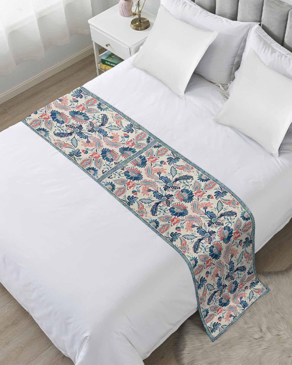 Abstract Paisley Flower Leaves Texture Bed Runners for Bedroom HotelDecorative Bedding Scarf Seamless Retro Floral Art Bed End Blanket Bedding Runner Scarves for Queen Size Bed,94x20in