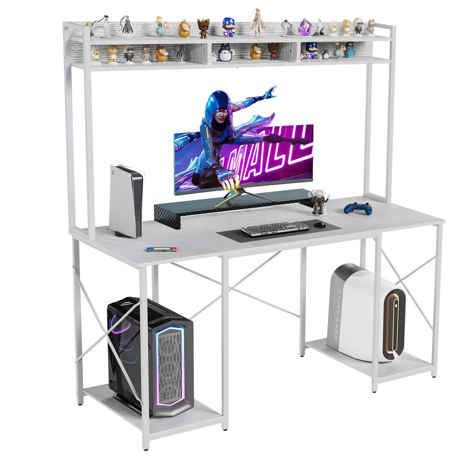 Devoko Escritorio Ordenador, Secretaria Escritorio de Juego con estantería y Soporte y Estante de Almacenamiento, Mesa Gaming Ergonómico para Salas de Oficina 120x60cm Blanco