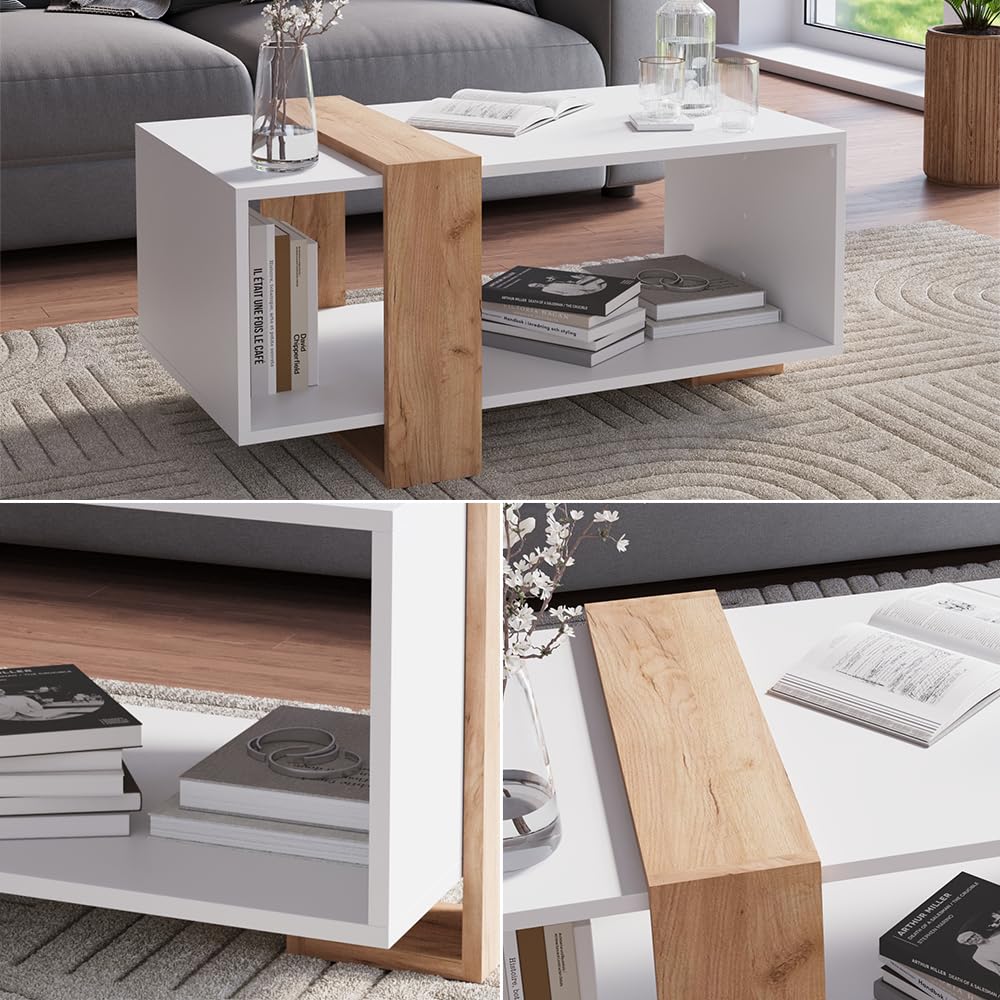 Vicco Couchtisch Aven, Weiß/Goldkraft Eiche, 91.5 x 52 cm | mit zusätzlicher Ablagefläche für Bücher und Zeitschriften