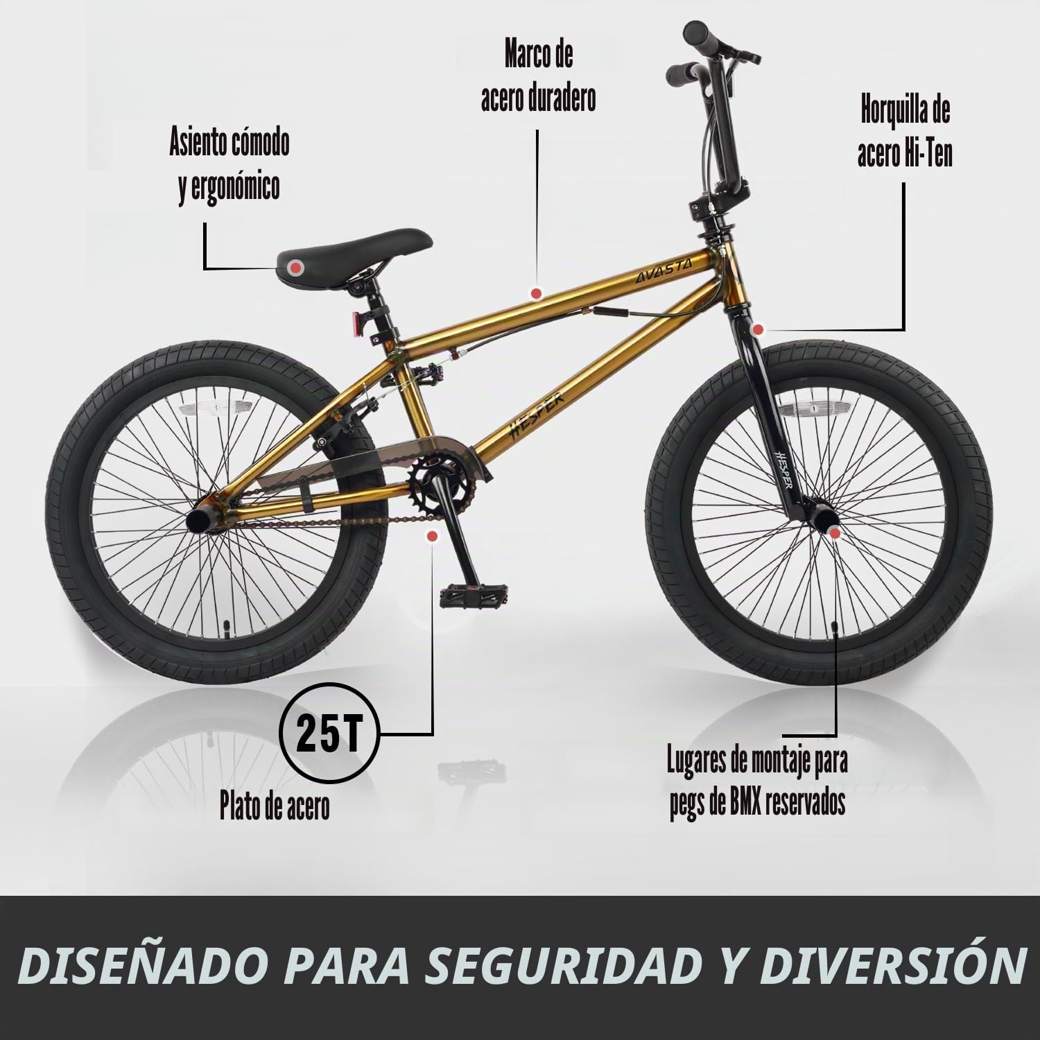 AVASTA Hesper - Bicicleta BMX Freestyle de 20 pulgadas para niños con 4 reposapiés, bicicletas para niños de 6 a 14 años y principiantes, color dorado