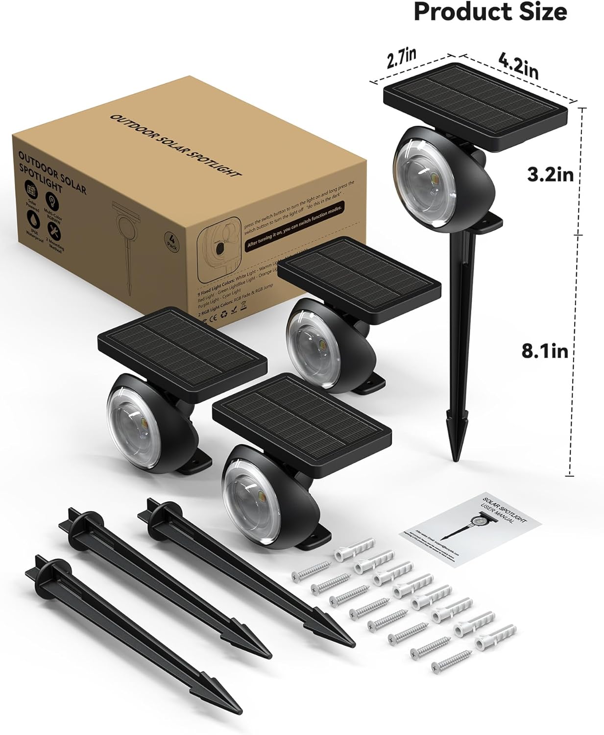 Monocular Solar Spot Lights Outdoor Waterproof, RGB+3CCT Solar Tree Spotlight, Bright Solar Uplights for Halloween Decorations Outdoor, Multicolor Garden Yard Landscape Path Lights [4Pack]