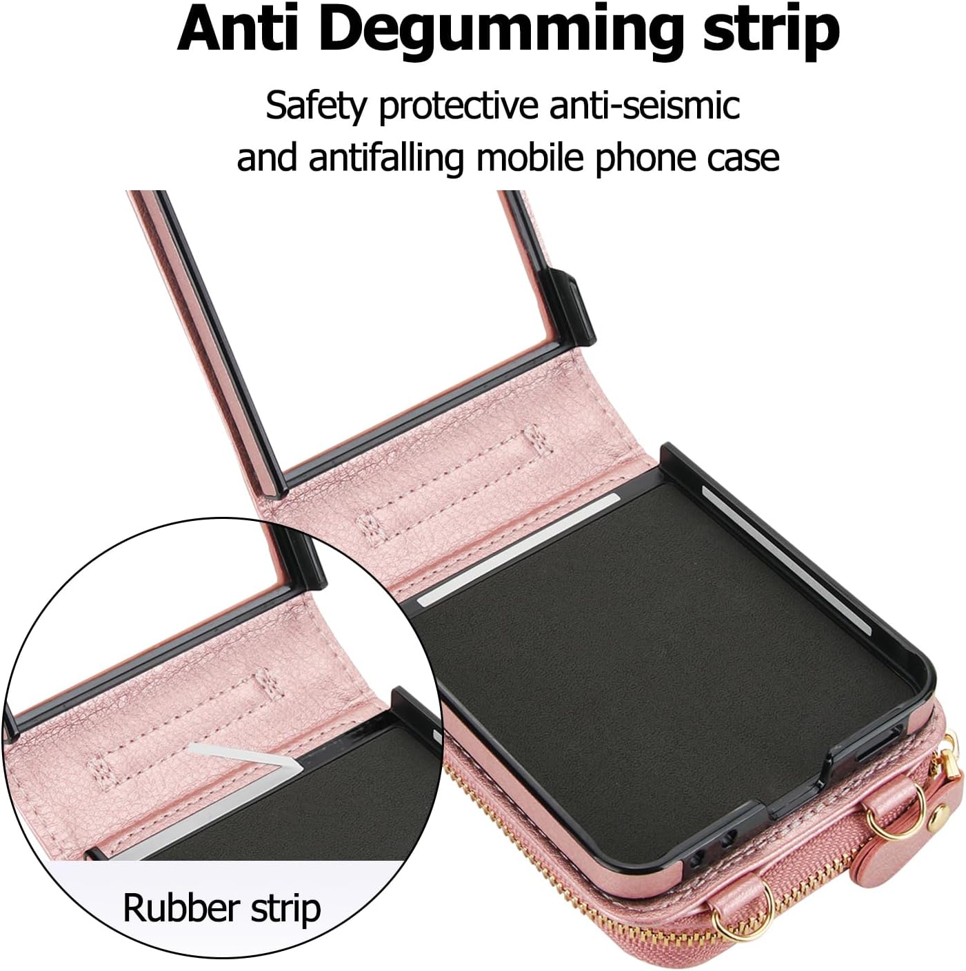 for Samsung Galaxy Z Flip 7 Wallet Case with Crossbody Strap, [RFID Blocking] Large Capacity Card Holder Slot Zipper Close Women Girls Leather Wallet Flip Protective Cover for Z Flip 7 Rosegold