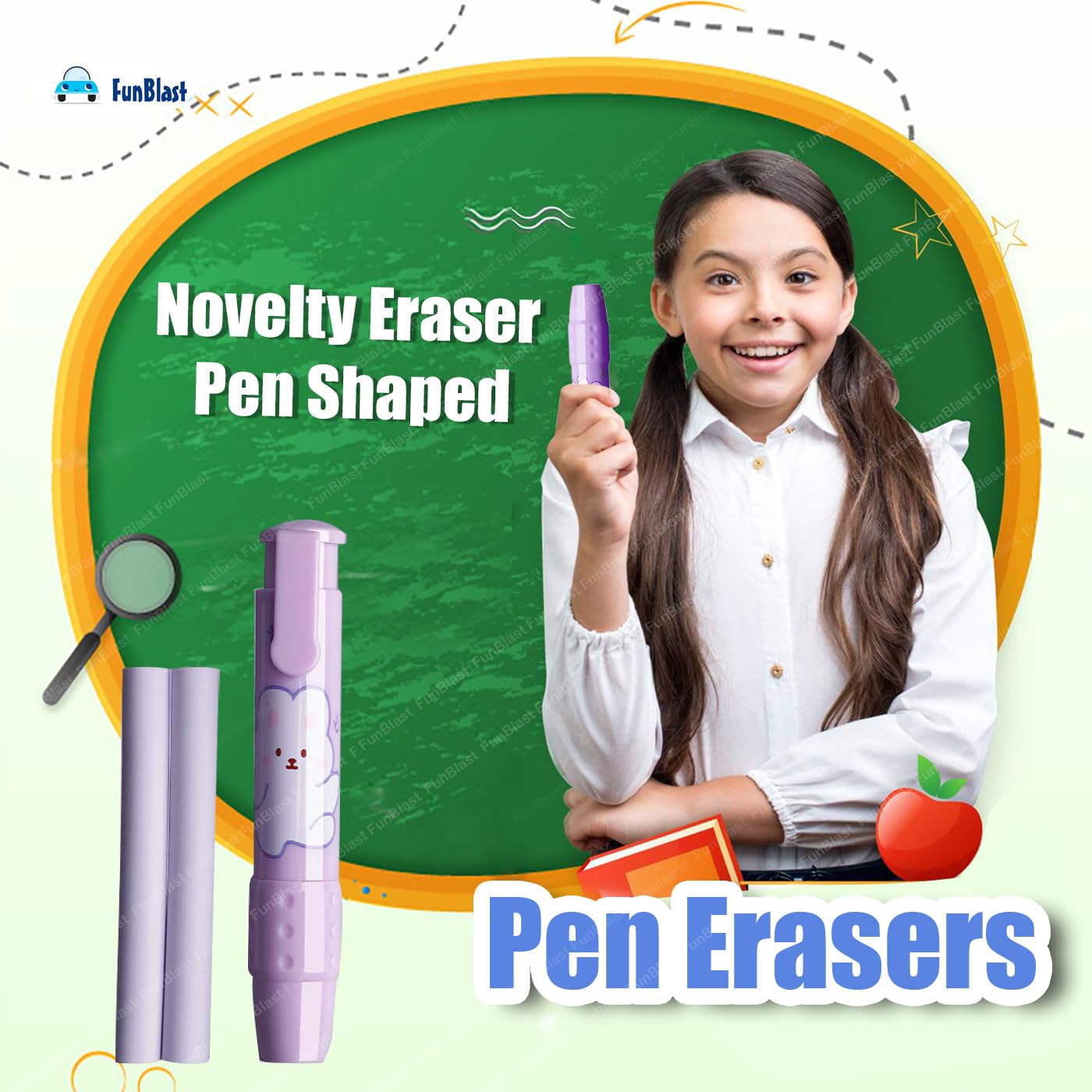 FunBlast Penshaped Erasers ? Retractable Eraser, Press Mechanical Rubbers With 2 Pcs Refill Erasers For Kids Students, Stationery Gift For Kids, Return Gift (Purple), Pink 4