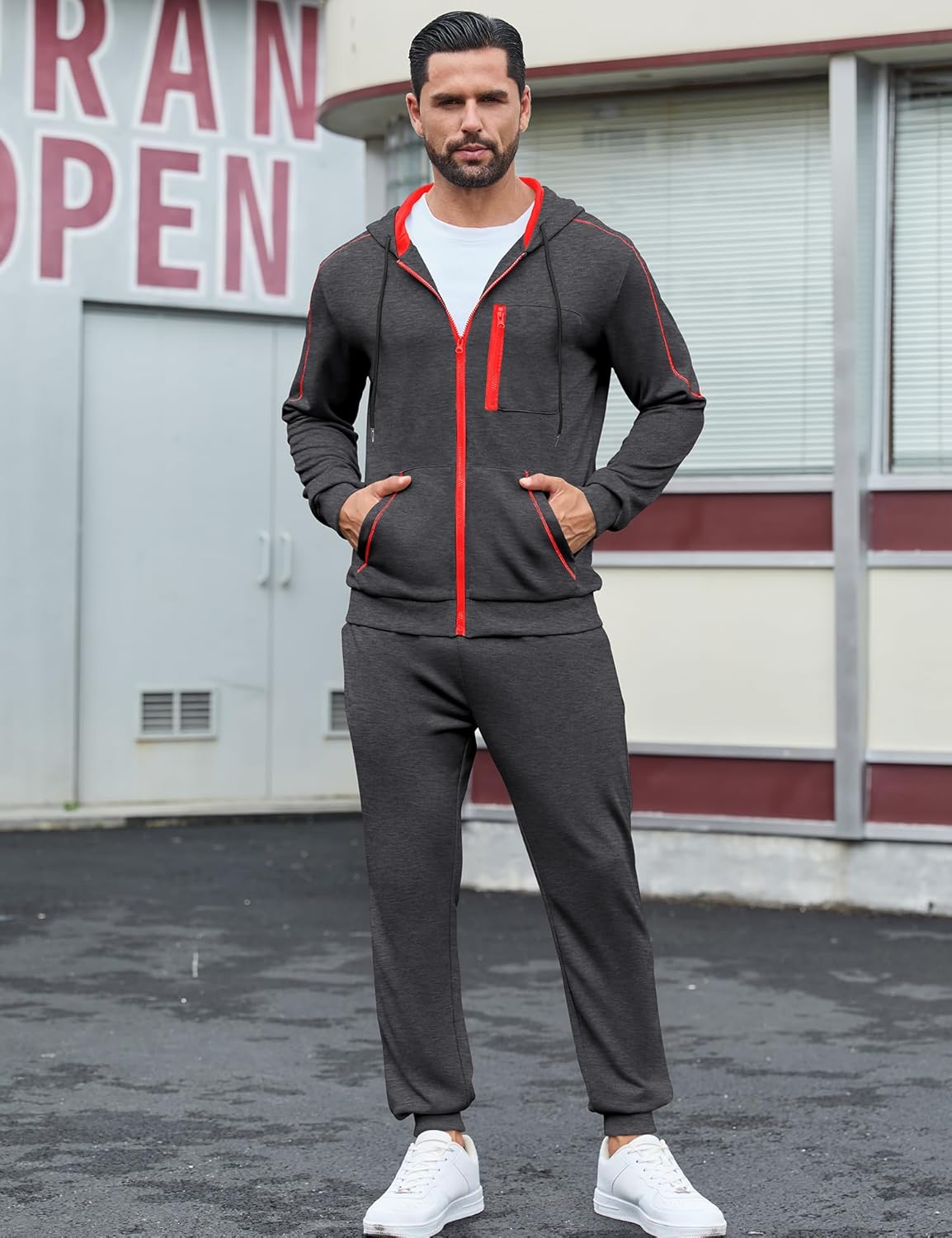 LecGee Men's Full zip Hooded Jacket and Jogger set Casual Hoodie Long Sleeve Sweatshirt & Pants 2 Piece Sports Tracksuit - Image 2