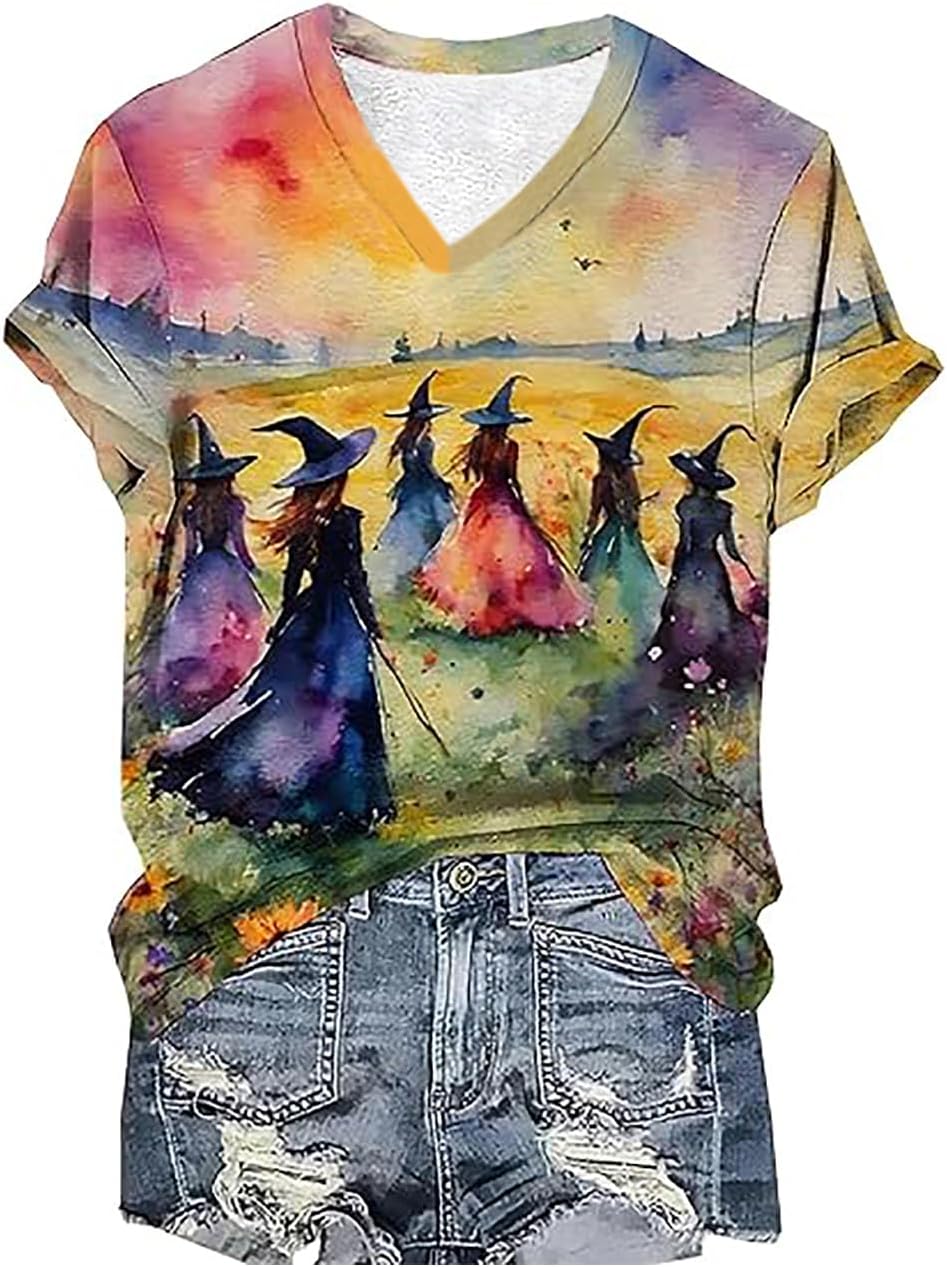 Midsummer Witches Gather T Shirt Women Vintage Halloween Tshirt Witch Graphic Tees Fall Short Sleeve V-Neck Tops