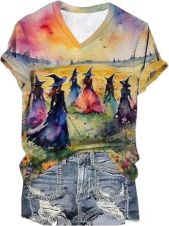 Women V Neck Halloween T Shirt Sanderson Witch Museum Graphic Tees Casual Short Sleeve Hocus Pocus Shirts Tops