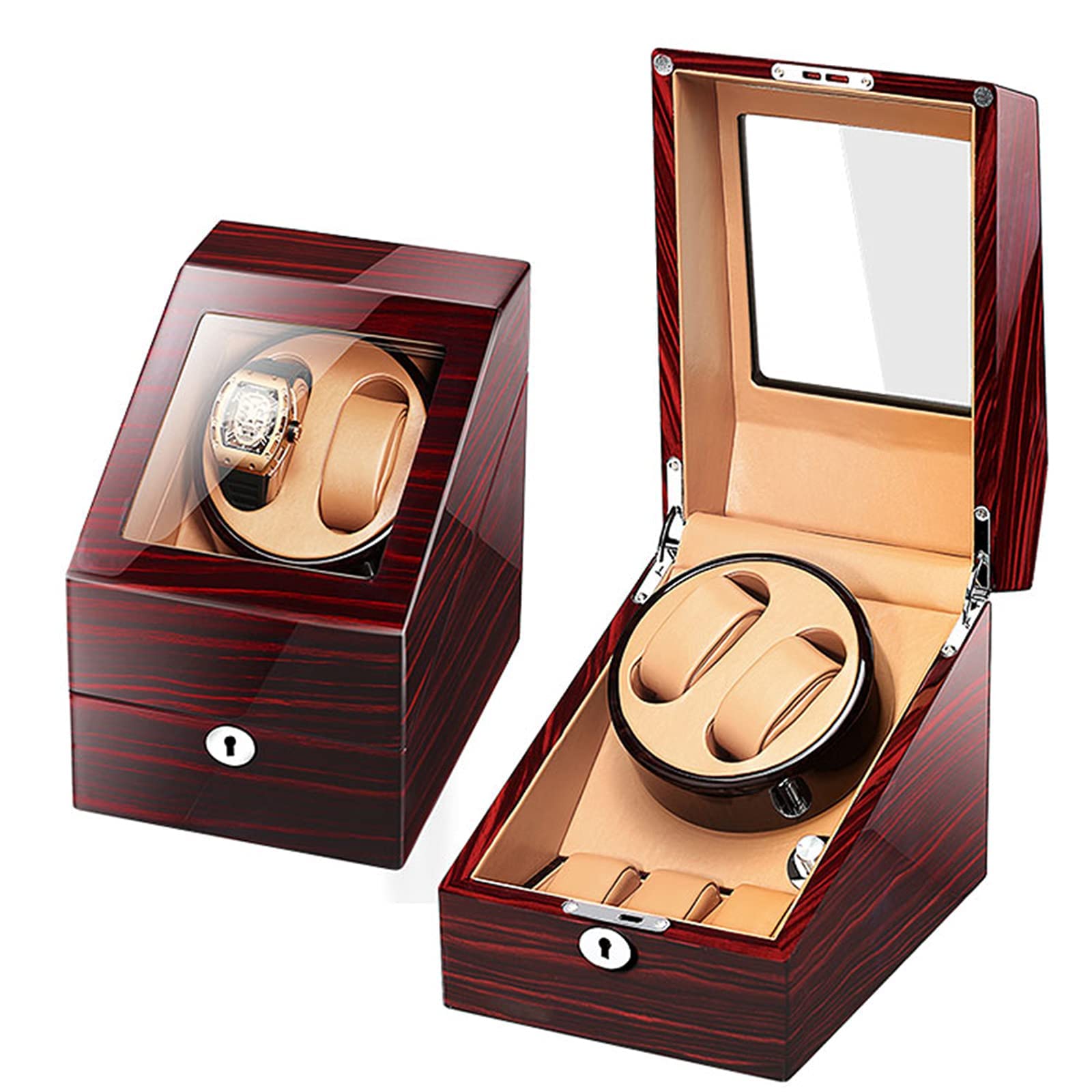 WMYYZYQ Watch Winder Double Watch Winder with 3 Watches Storage Automatic Watches Winding Box Wood Shell Mechanical Watch Shaker Japanese Quiet Motor Watch Spinner Case,C-A