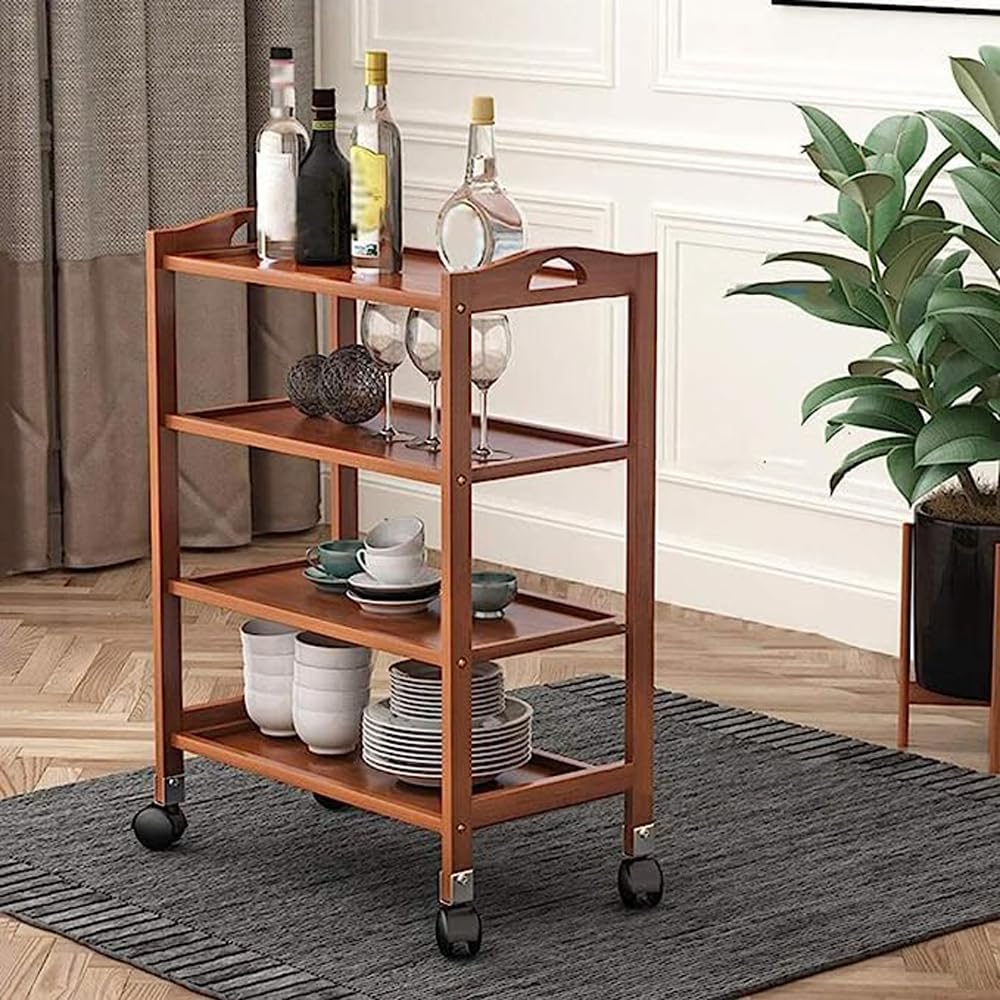 OneDcor Bamboo Food Serving Trolley with Movable Wheels - Kitchen Island Cart with Handle, 3-Tier & 4-Tier Rolling Utility Cart for Home, Restaurant, and Hotel Storage Organizer (4 Tier)