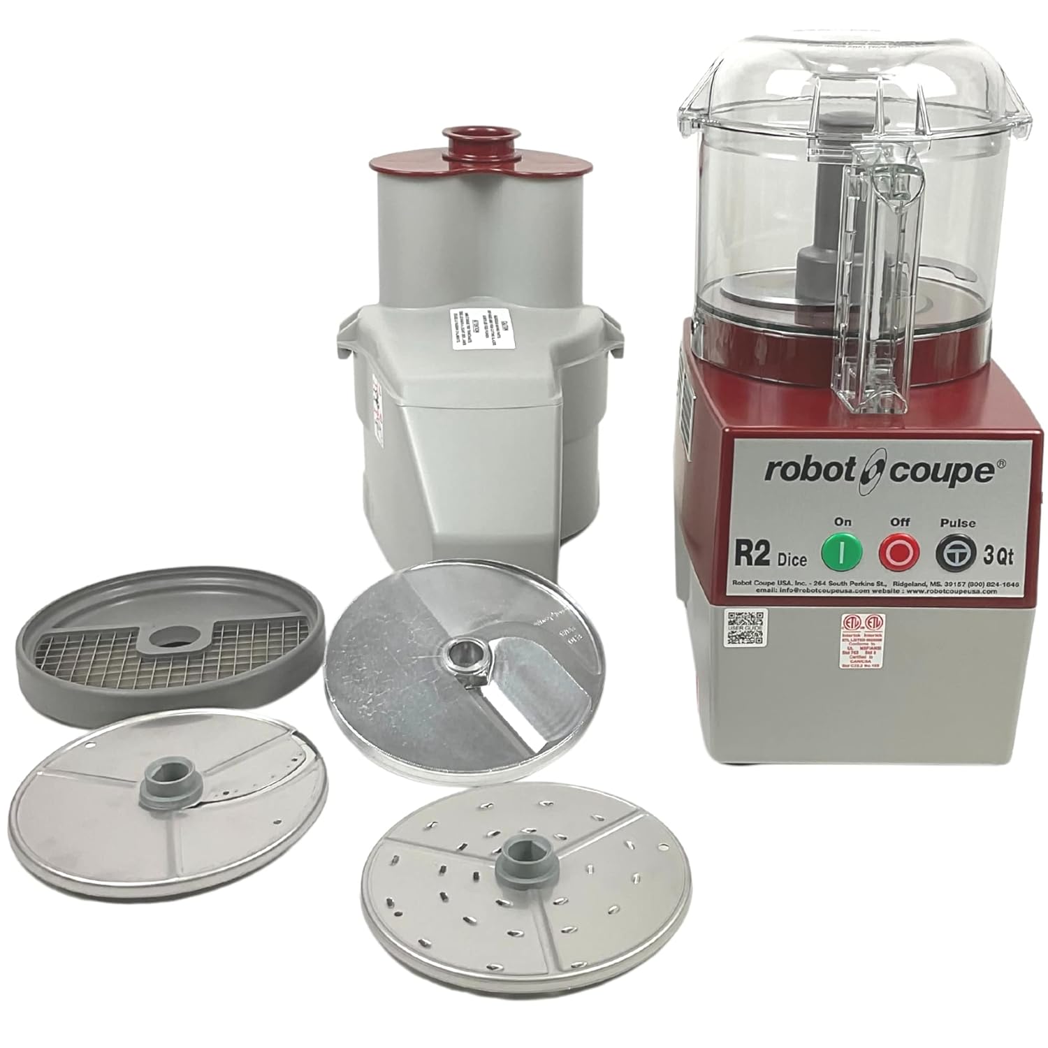 Robot Coupe R2CLRDICE, Combination Food Processor with 3 Quart Clear Polycarbonate Bowl, 4 Stainless Discs, Pulse Control, 120v, 1725 RPM, Vegetable Chopper, Gray/Red, Commercial Kitchen Use