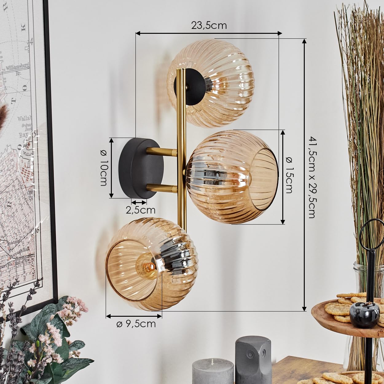 HOFSTEIN Wandleuchte Koyoto, Wandlampe aus Metall/Riffelglas in Schwarz/Gold/Bernstein, Leuchte im Retro/Vintage-Design (Schirme Ø 15 cm), E14, Wohnzimmer, Schlafzimmer, Küche, Flur, Treppenhaus