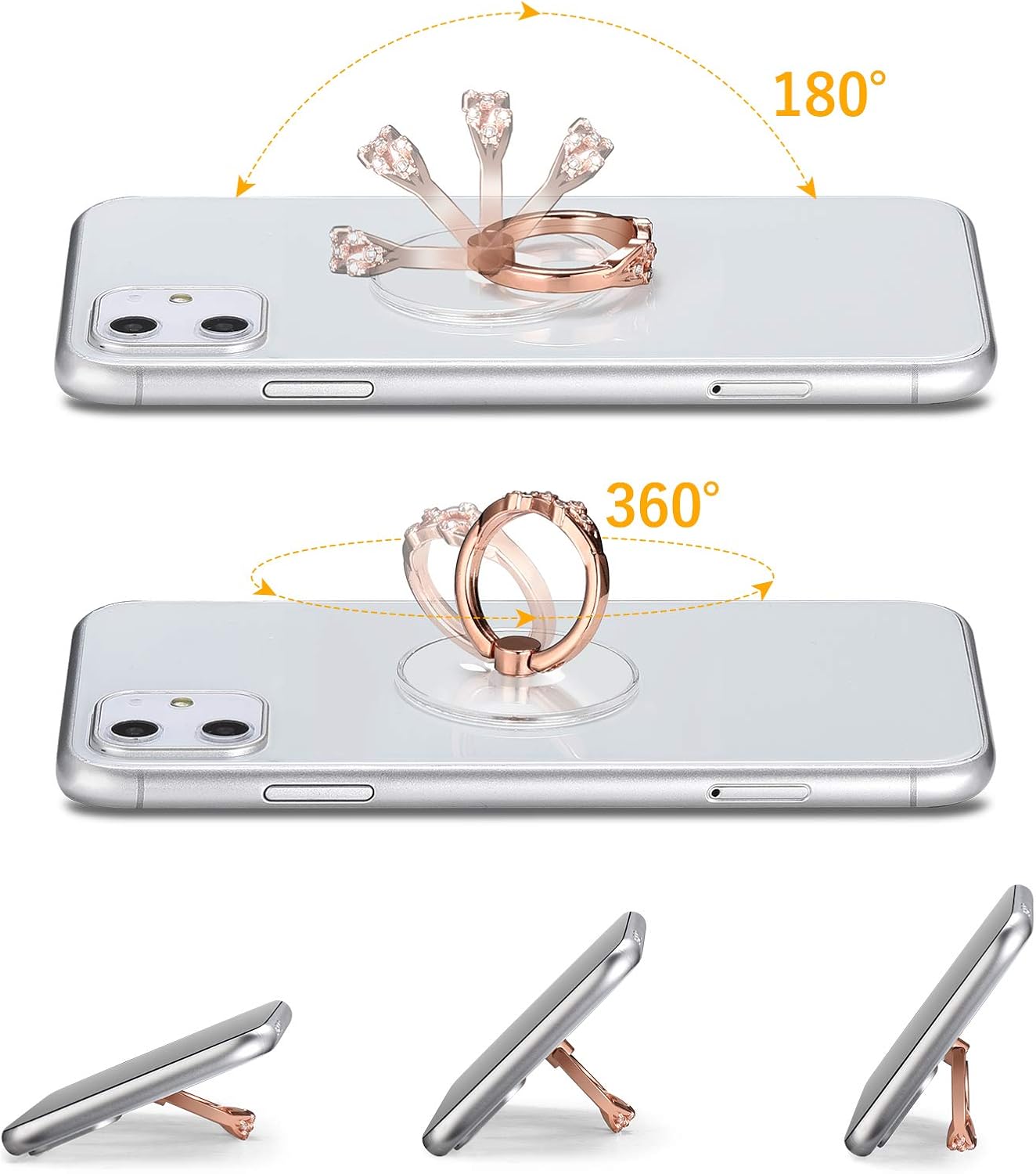 Cell Phone Ring Holder Transparent Phone Ring Stand Clear Finger Ring Grip 360 Degree Rotation Set of 2 (Silver Diamond)