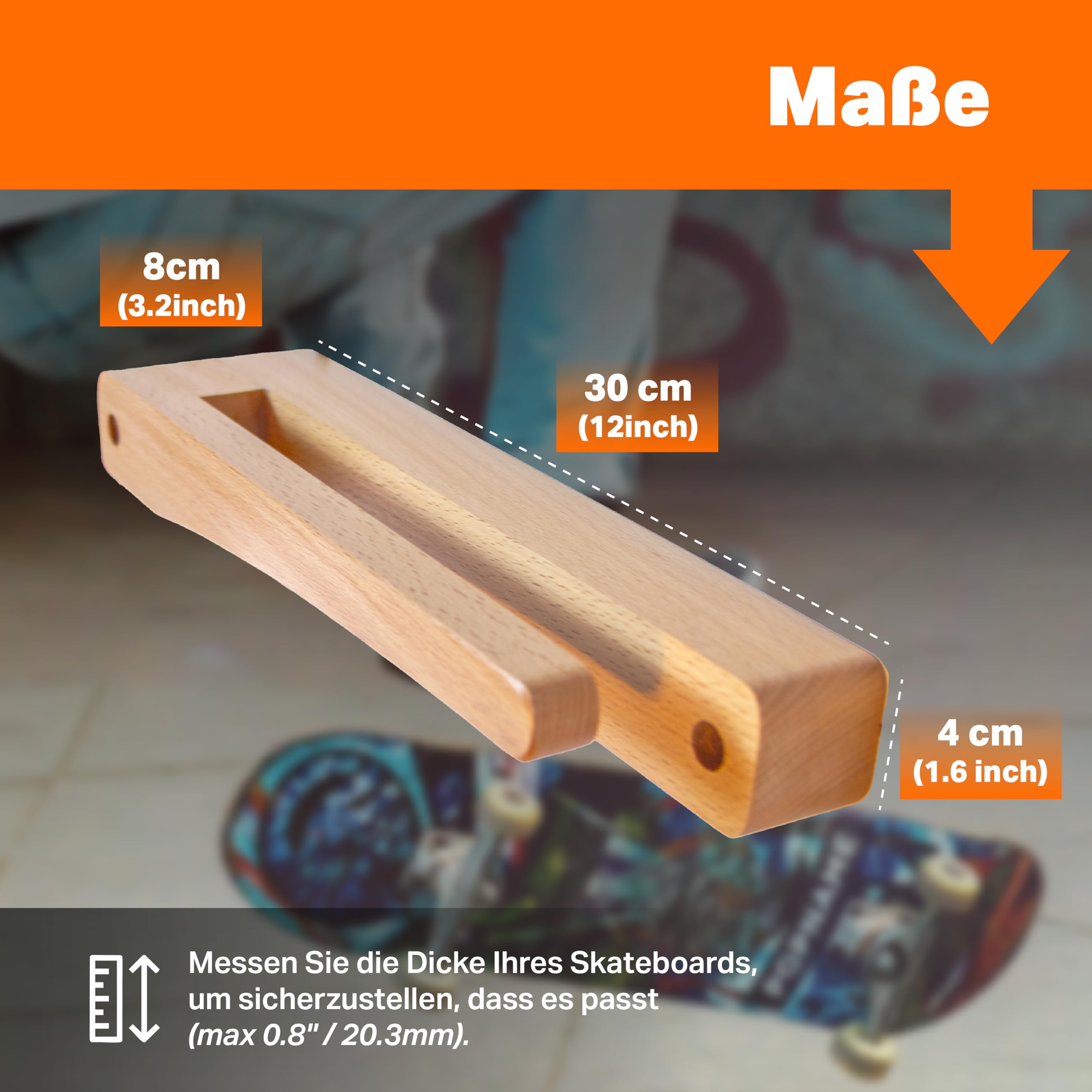 Tapeera 1er-Pack Vertikale Skateboard Wandhalterung – Holz Skateboard Rack Hänger – Longboard Mini Cruiser Display Zubehör – Halter Regal Organizer Deck Deko
