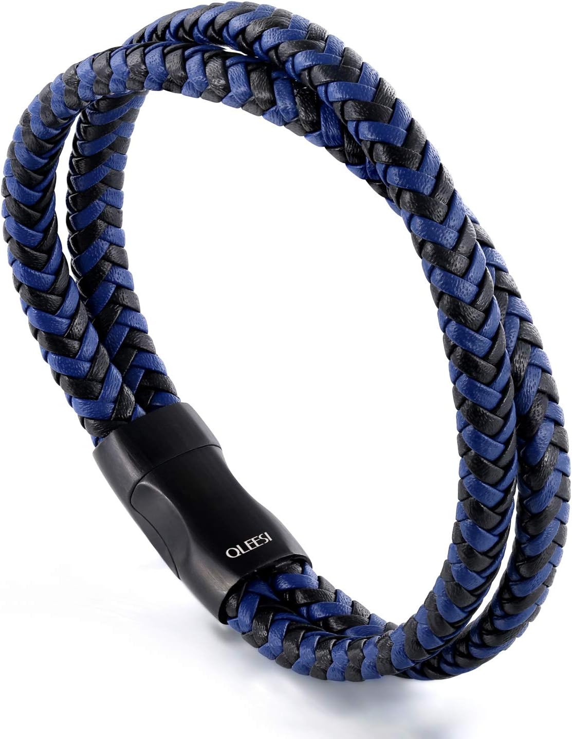 QLEESI Mens Leather Bracelet - Blue Double Layer Braided Leather Bracelet for Men with 316L Stainless Steel Magnetic Clasp Best Bracelets Gifts