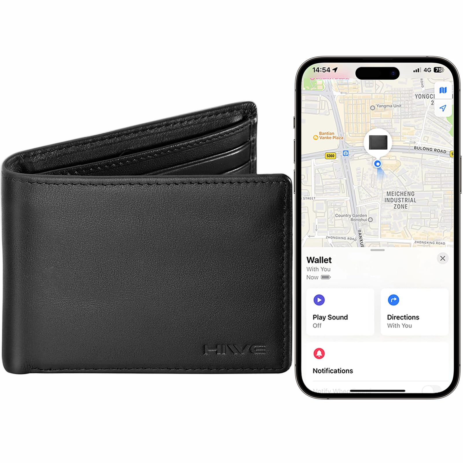 HiWe Wallet for Men with Rechargeable Find My Tracker Built-in, Bifold Genuine Leather Men Wallet, Original Design, RFID Blocking, Slim, Not for Android, Black