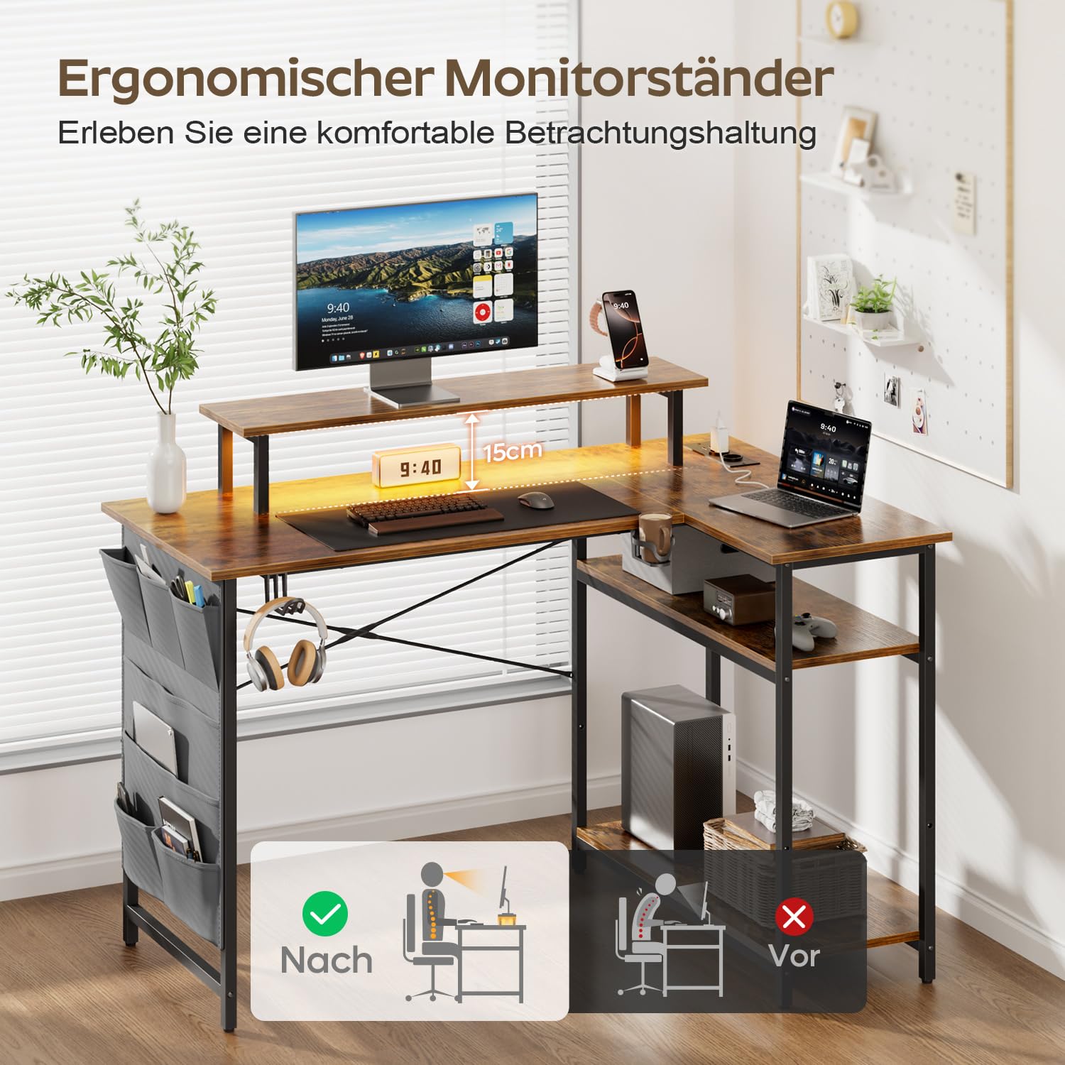 L-förmiger Schreibtisch Mit LED & Steckdosen – 110x80 Cm, Eckschreibtisch Mit Regal, Monitorständer, Braun