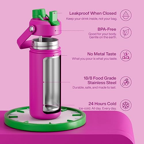 Miniatura 443 de ENCOOL Botella de agua aislada con popote, de acero inoxidable, a prueba de fugas, sin BPA, al vacío de doble pared que se mantiene fría durante 24