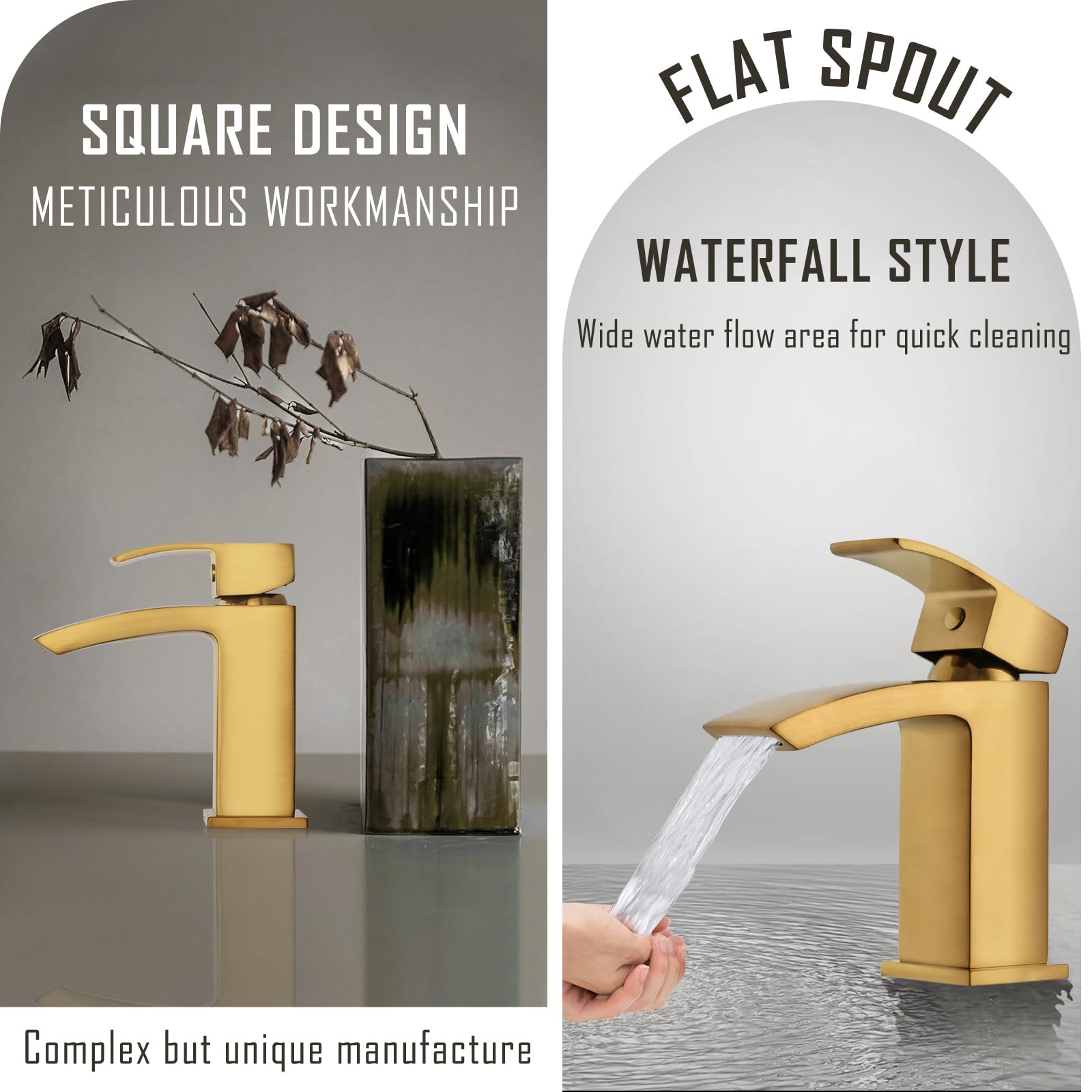 Hapilife Rubinetti per lavabo Miscelatore a cascata con scarico a scomparsa Rubinetti per lavabo da bagno in oro spazzolato Rubinetti miscelatori quadrati oro mono guardaroba rubinetto monoblocco 1