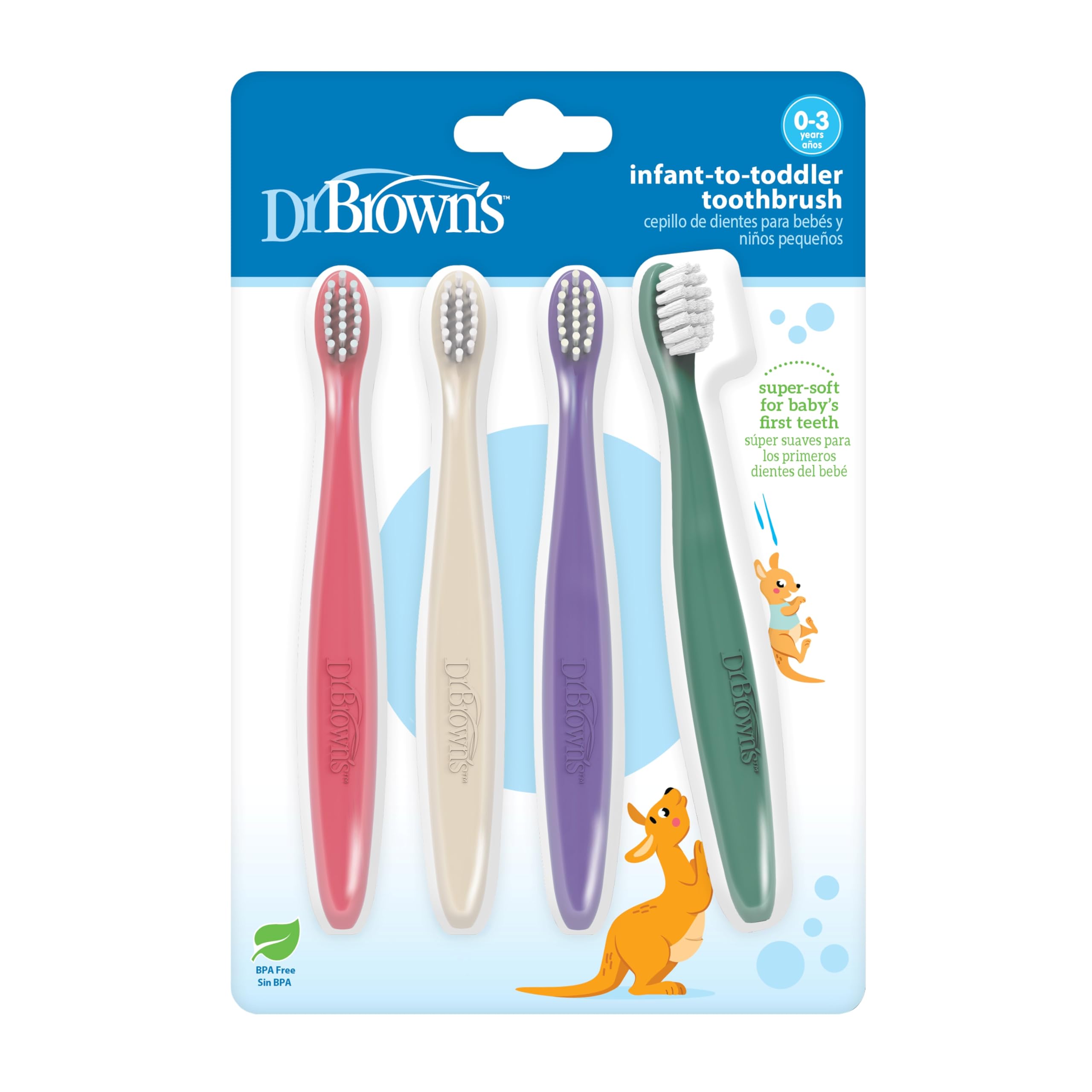 Dr. Brown's Infant-to-Toddler Toothbrush Set, Soft & Gentle Manual Toothbrushes for Baby, Pink/Ecru/Purple/Dark Green, BPA Free, 0-3 Years – 4-Pack
