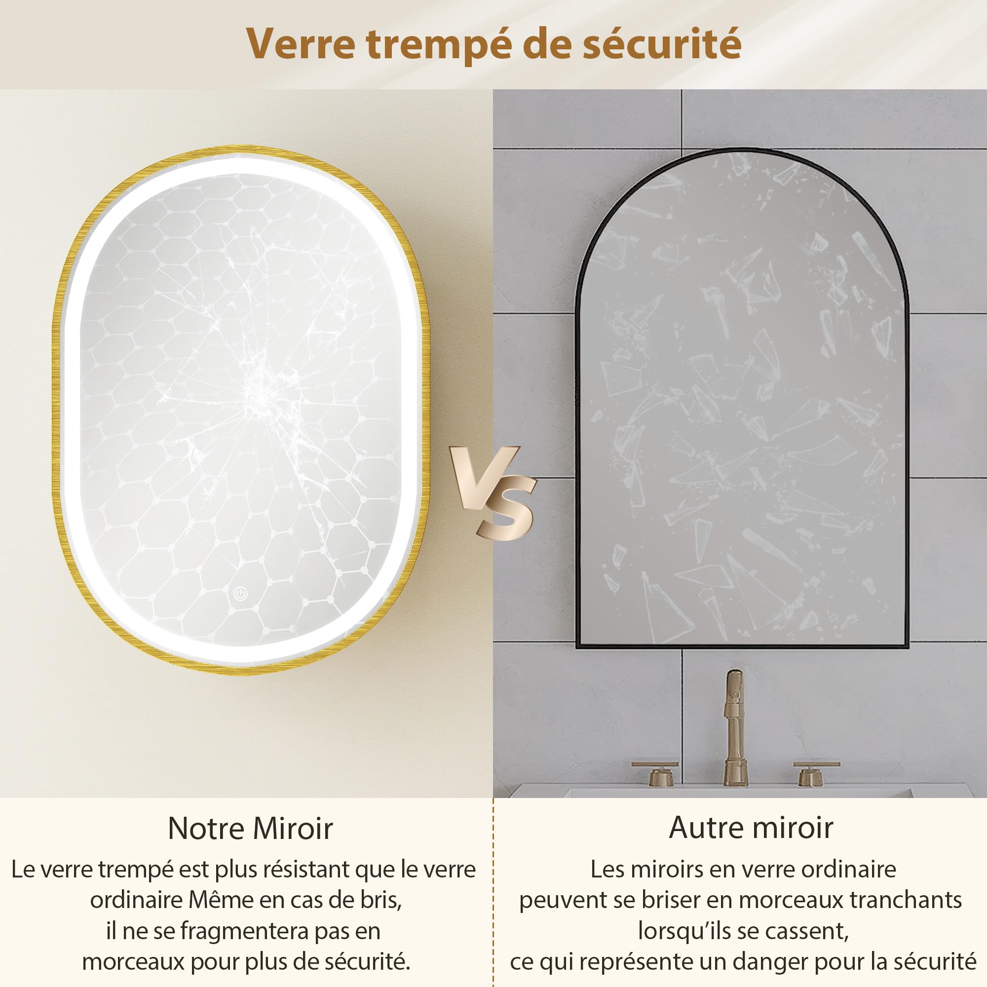 HOMCOM Armoire Murale Salle de Bain avec Miroir et Éclairage LED, 50x14,5x70cm, Meuble Salle de Bain à Porte Ovale Alliage d'Aluminium, Anti-Buée, 3 Températures de Lumière, Étagères Réglables, Doré