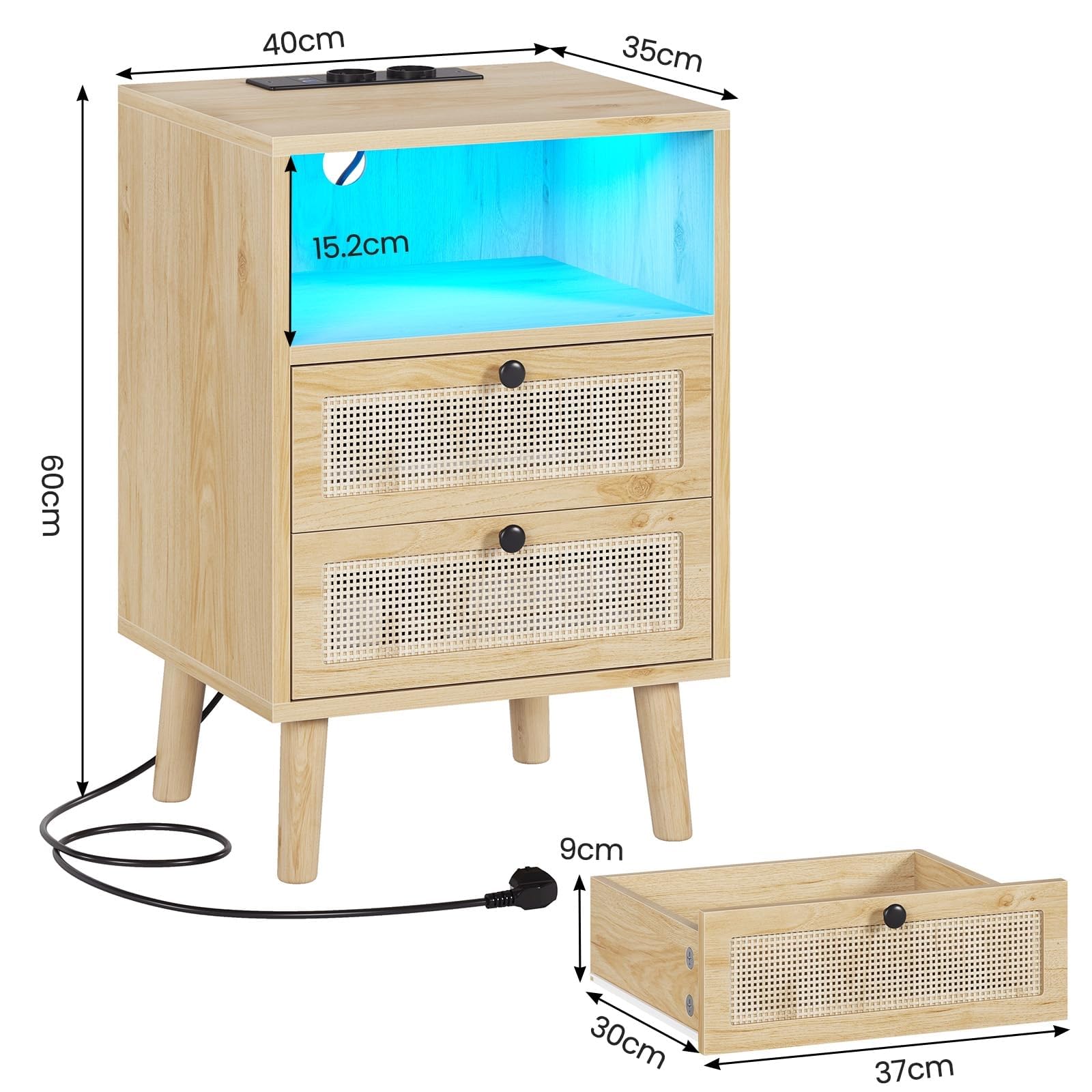 Lot de 2 Table de Chevet en Rotin avec Avec Lumières LED et Multiprise (2 Prises CA, 2 Ports USB) Tables d'appoint avec 2 Tiroirs et Compartiment,Bohème avec Pieds en Bois Massif,Tables de Nuit