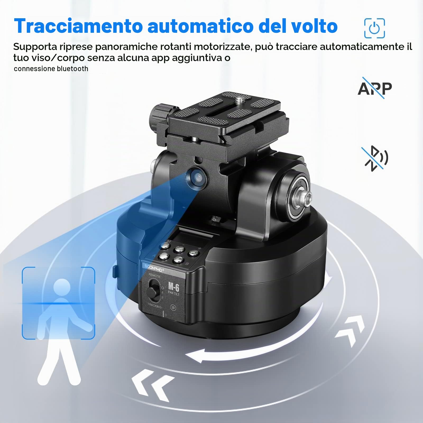 Soonpho M6 Auto Face Tracking Motorized Rotating Panoramic Tripod Head, AI Smart Face Body Tracking Remote Control Pan Tilt Head con telecomando e clip per cellulare