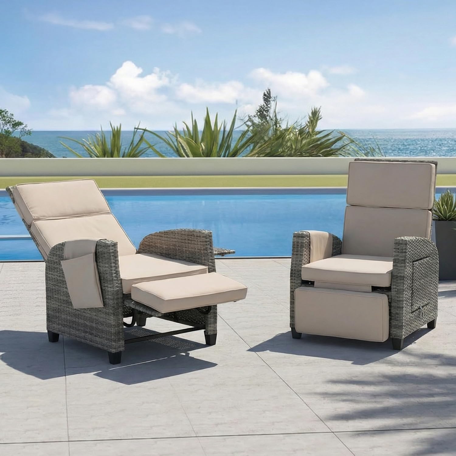 Outdoor Patio Recliner Chair, Independent Adjustable Backrest up to Lay Flat Reclining Chair & Extended Footrest, Flip-Up Side Table, Removable Cushion for Porch Balcony Garden Poolside (1)