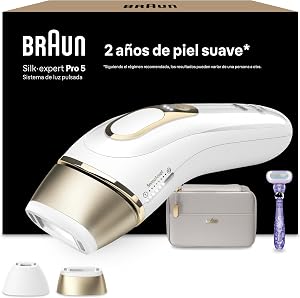 Braun Depiladora Luz Pulsada Silk·expert Pro 5 Alternativa a Depiladora Laser, IPL, con Funda, Cabezal de Precisión Y Maquinilla Venus, Eliminación del Vello en Casa, PL5157, Blanca/Dorada