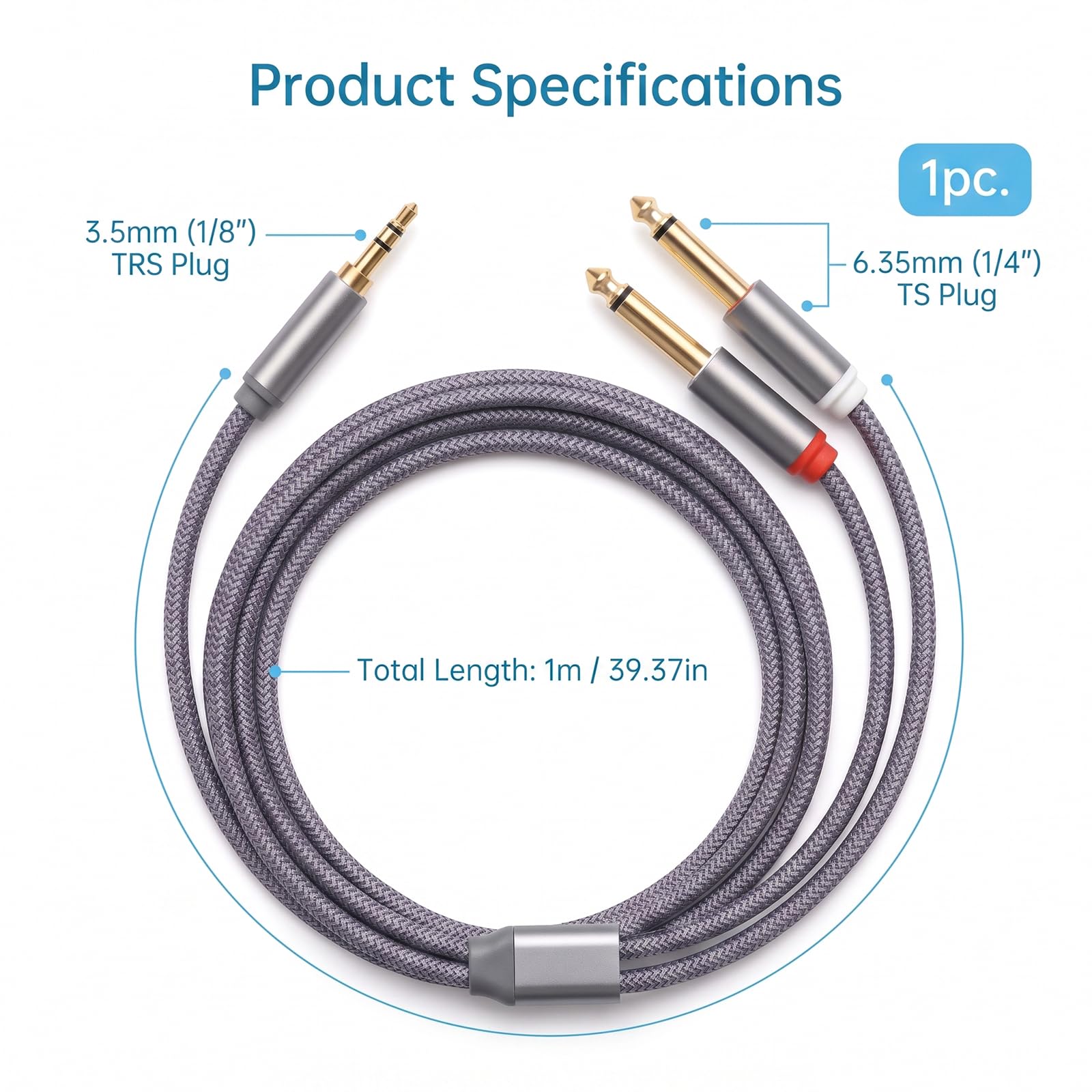 Audiokabel, 3,5 mm TRS auf Dual 6,35 mm TS Mono, Y Splitter, Stereo-Adapter, Nylon, geflochten, 3,5 mm auf 2 x 6,35 mm Stecker, vergoldet, für Mischpult, Verstärker, Gitarre, Klavier, Home Studio, 1 m