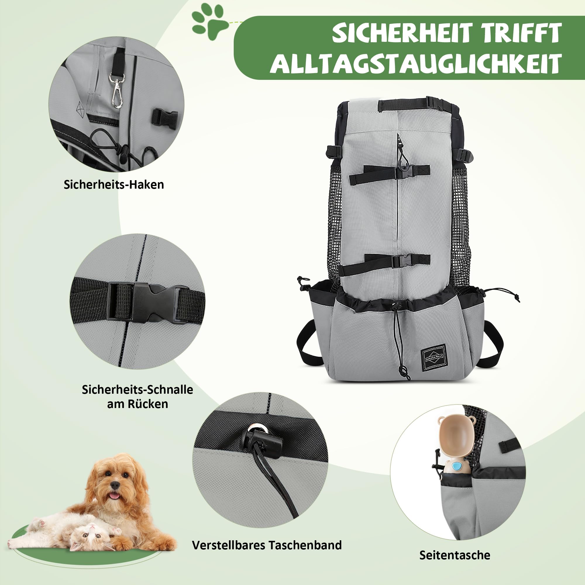 ALLSOPETS Hunderucksack Tragetasche Verstellbar für Kleine Mittelgroße Hunde, Haustier Rucksack zum Spaziergang Wandern Camping Bergsteigen Reisen (Salbeigrau, L)