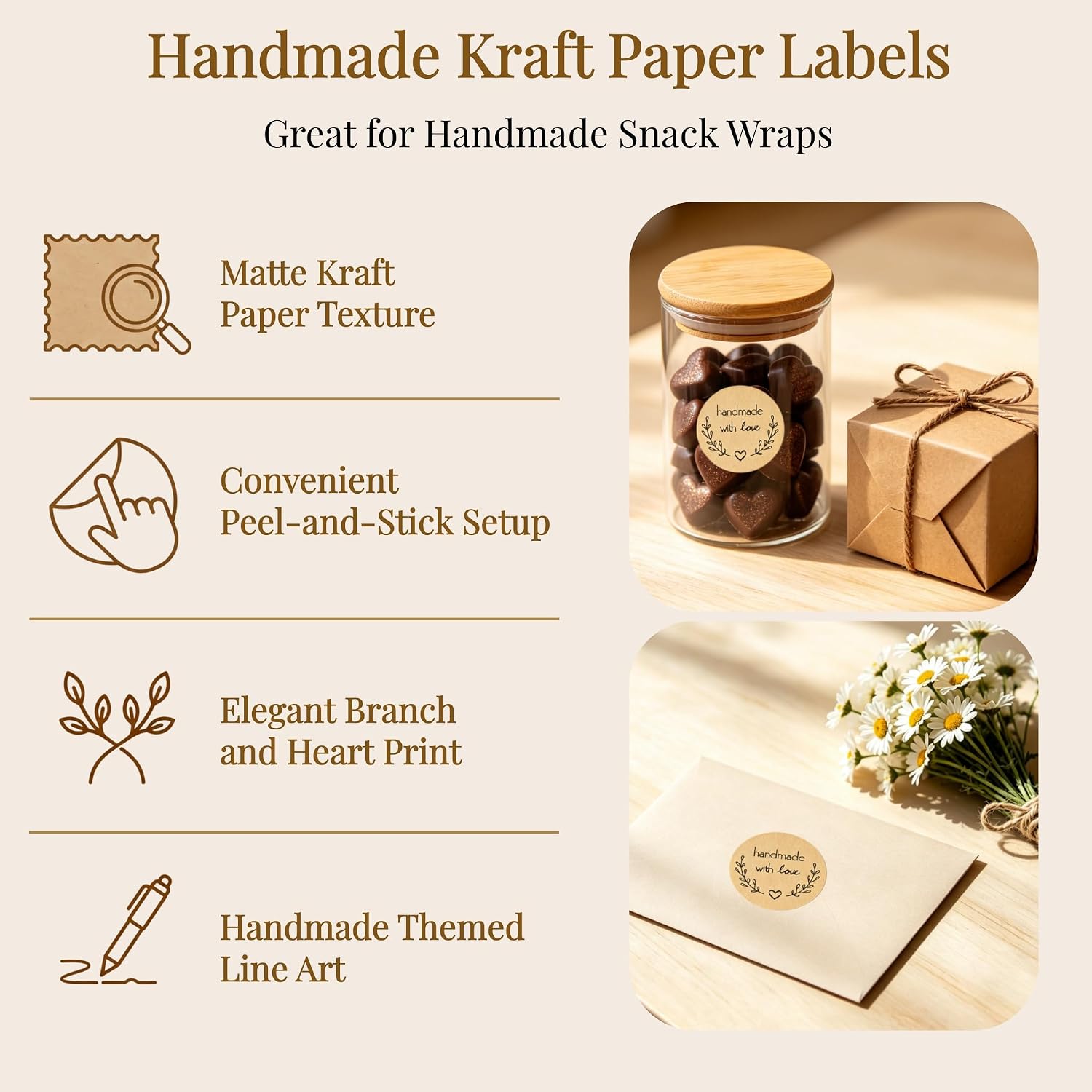 1000Pcs Handmade with Love Stickers Kraft Paper Labels for Food Packaging