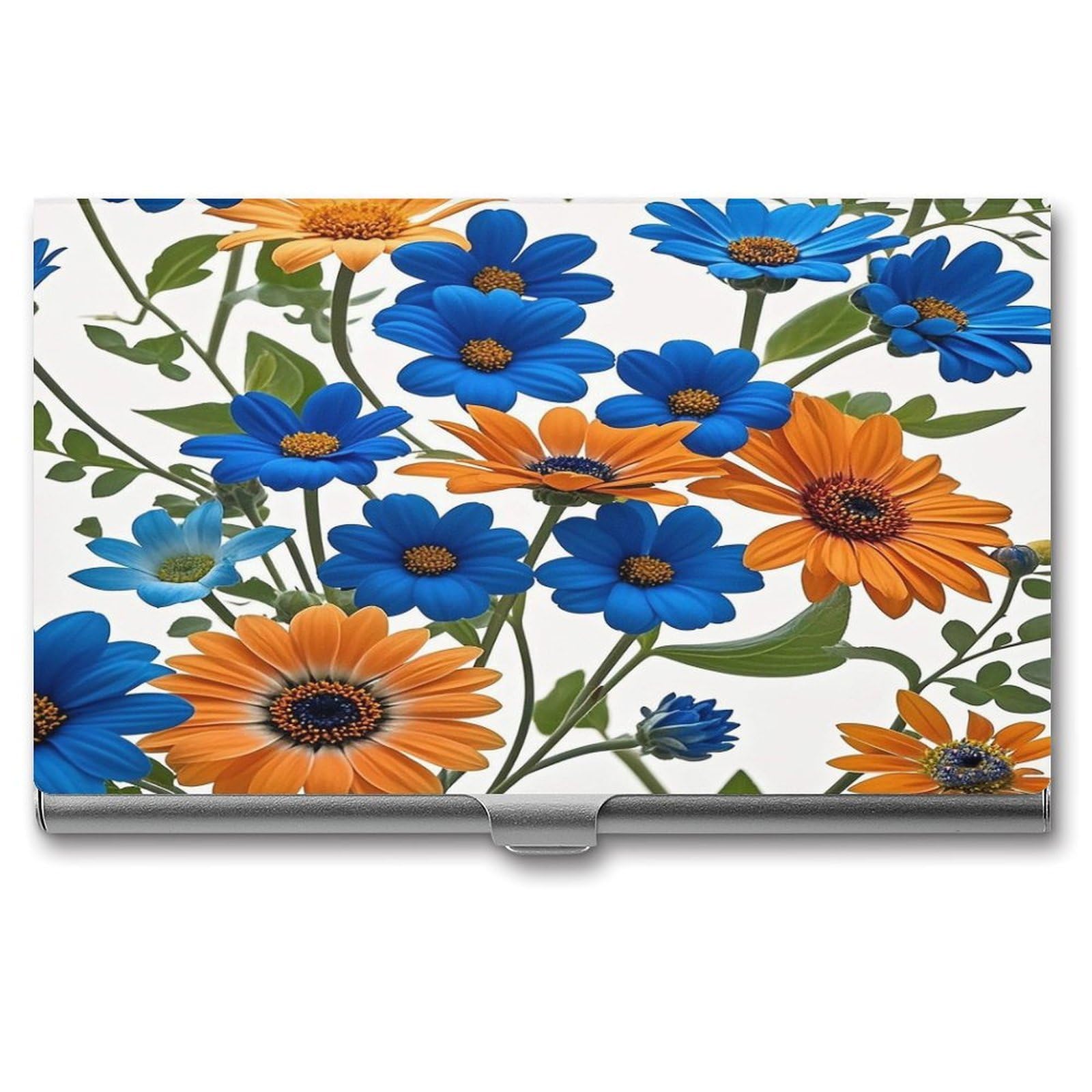 FekiLoot Blue And Orange Flowers on White Background Business Card Holder Aluminum Alloy Business Card Case Convenient to Carry Business Card Dispenser for Men Women