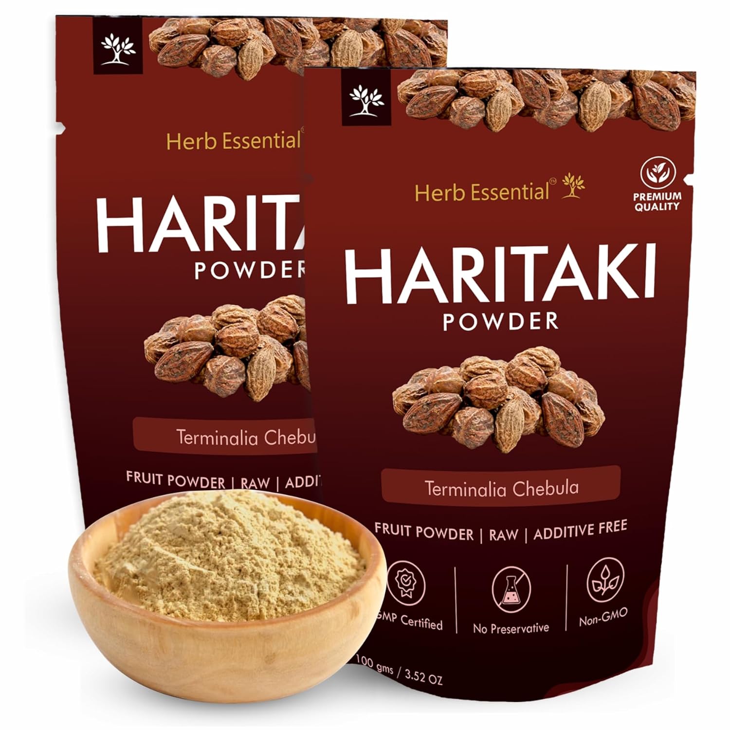 Pó de Haritaki Orgânico 100% Natural, Terminalia Chebula, Livre de Conservantes, Não-OGM e Vegano, Suplemento Herbal Ayurvédico - 200g (2 Pacotes de 100g)