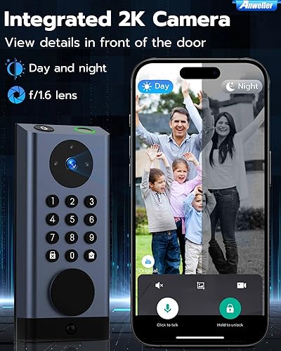 Miniatura 3 de Anweller Cerradura de puerta inteligente con cámara, cerrojo WiFi con timbre de video, huella dactilar biométrica electrónica sin llave cerradura de