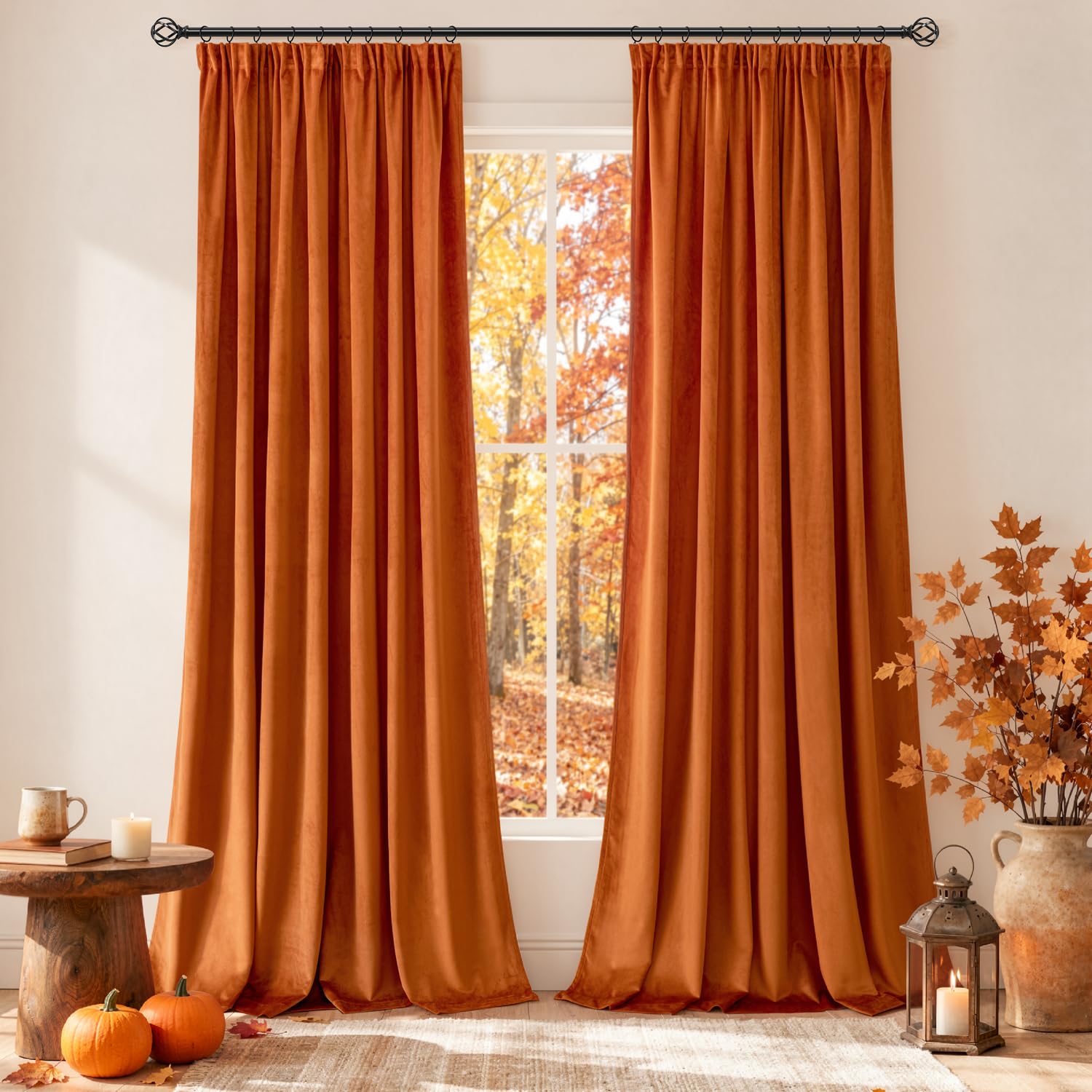 MIULEE Burnt Orange Velvet Pencil Pleat Blackout Curtains 46x90Inch 2 Panel