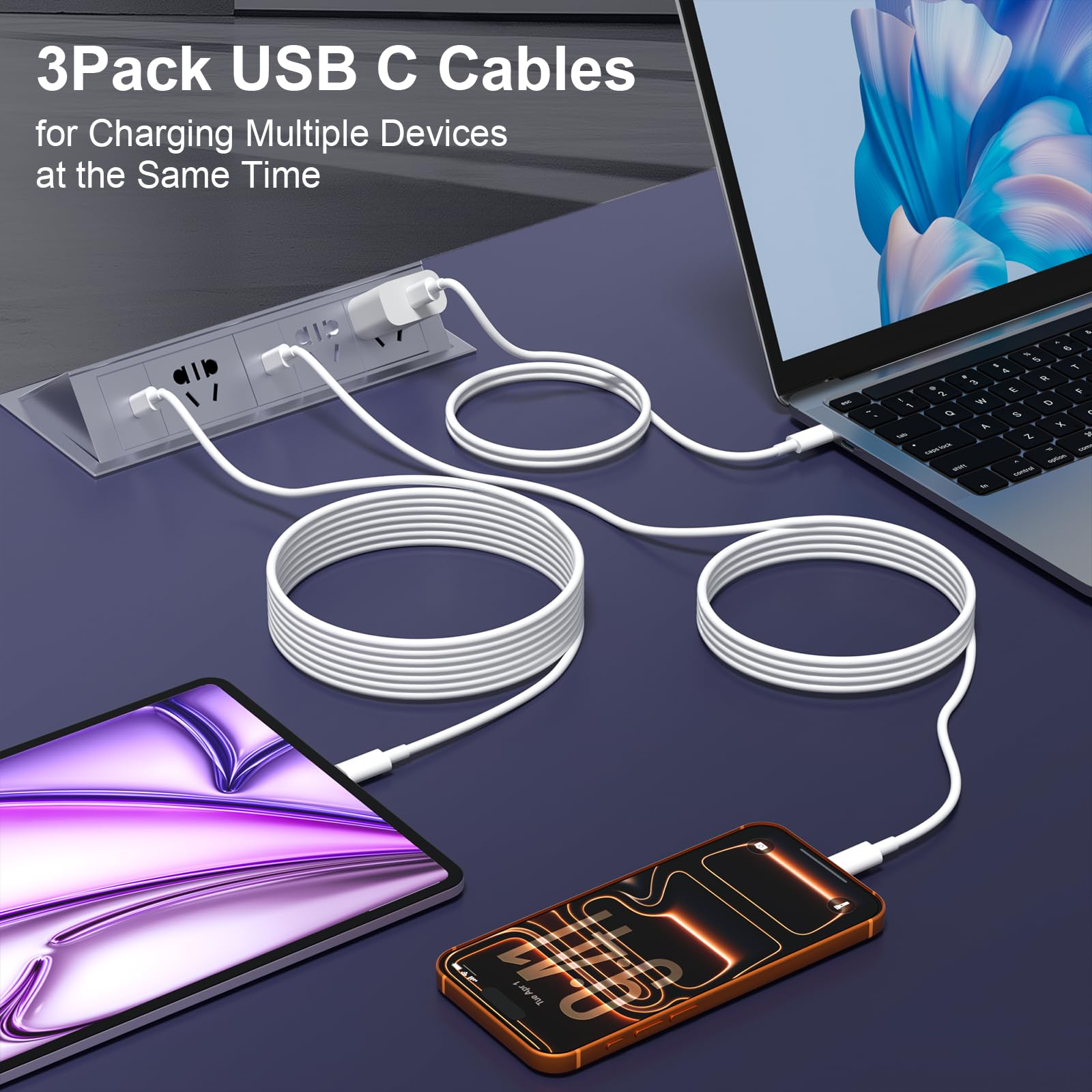 Cavo da USB C a USB C, confezione da 3 [0,9 m + 1,8 m + 3 metri] 60 W cavo di ricarica rapida tipo C, C a C cavo di ricarica rapida per iPhone 17/1615/Pro Max/Pro/Plus/iPad/Air/Galaxy S25/S24/S24+/S24