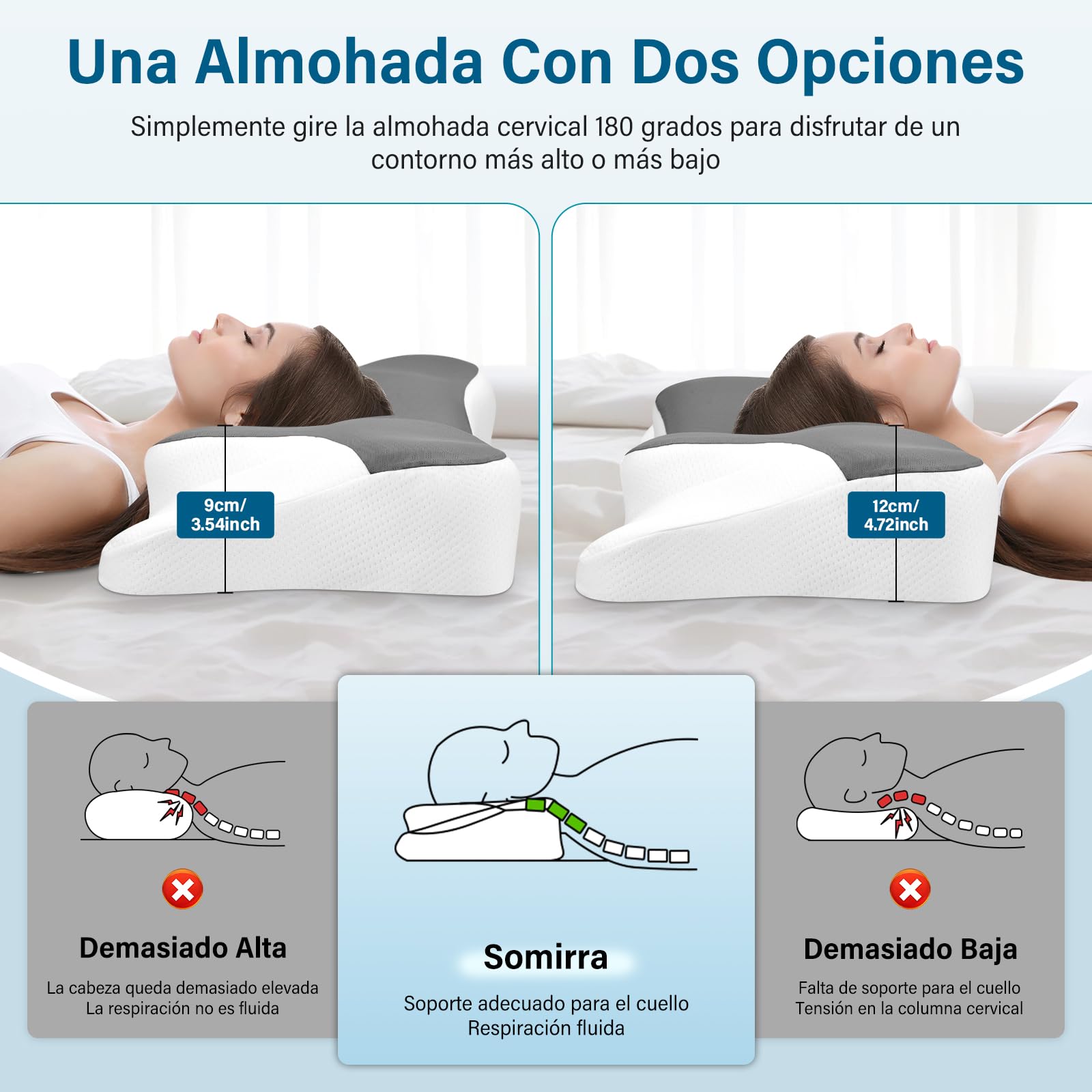 Almohada Cervicales y Cuello, Almohada Cervical en 2 Alturas, Almohada Viscoelastica con Funda de Almohada Extraíble para Dormir de Lado, Boca Arriba y Boca Abajo, 66x37x9/12cm
