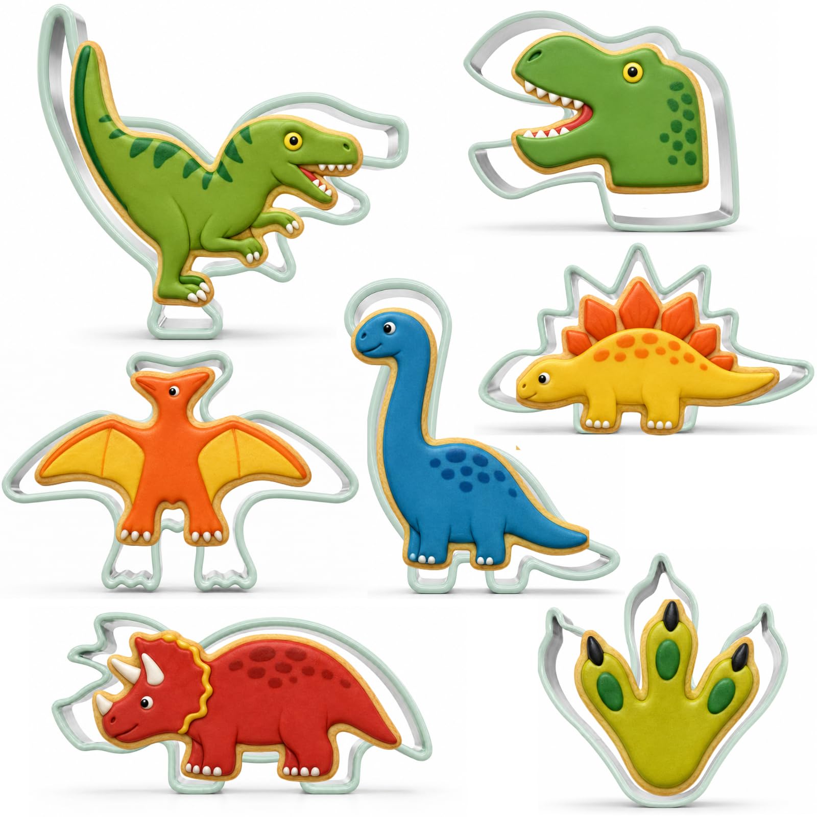 7 Piece Dinosaur Cookie Cutters Set with Soft PVC Edge
