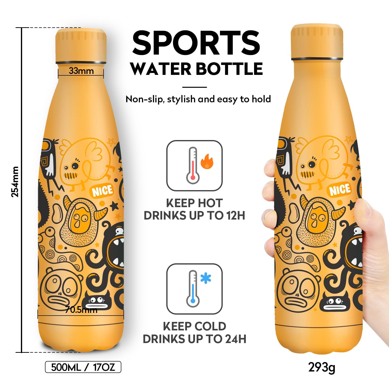 JAPORIA Borraccia Termica 500ml, Personalizzate, Borraccia in Acciaio Inox, senza BPA, Borracce per Scuola, Sport, Campeggio, Yoga, Palestra, Ciclismo - 5