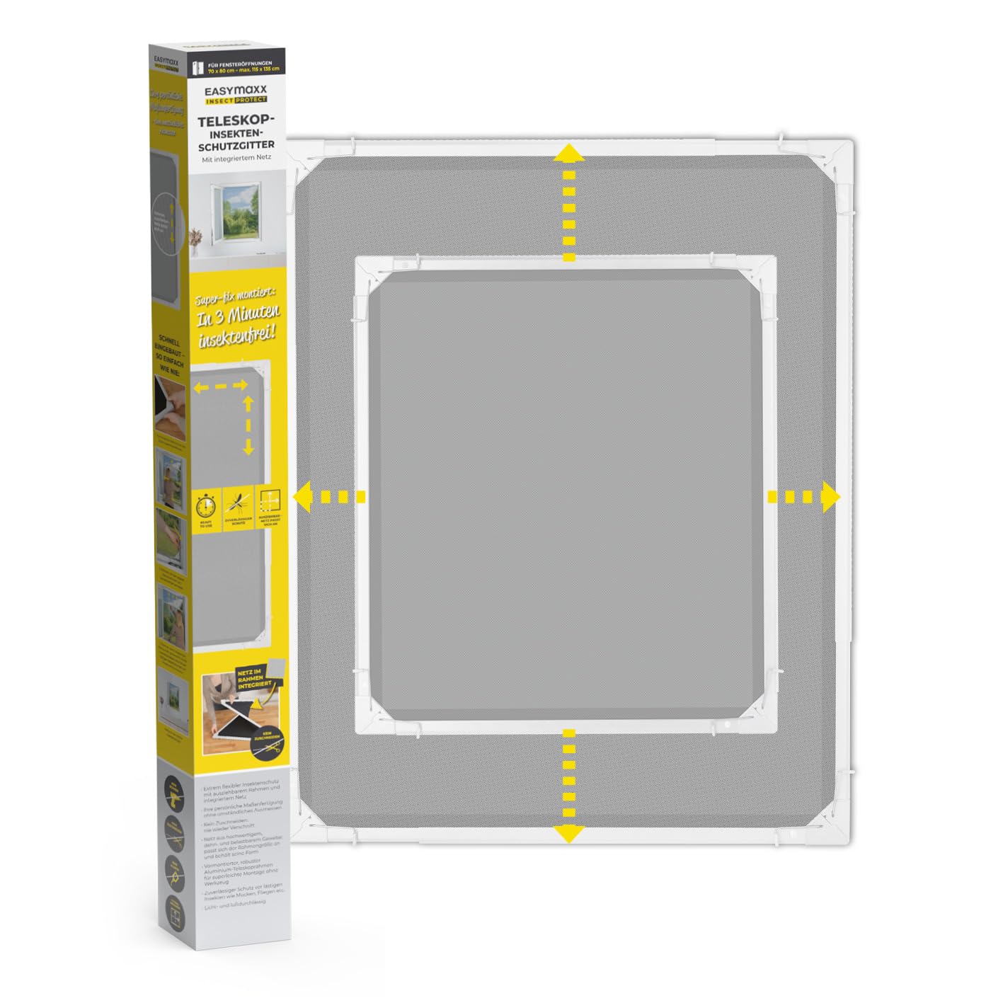 EASYmaxx Insect Protect | Teleskop-Insektenschutzgitter | Fliegengitter Fenster | mit vormontierten Rahmen | ausziehbarer Insektenschutz | integriertes Moskitonetz | weiß
