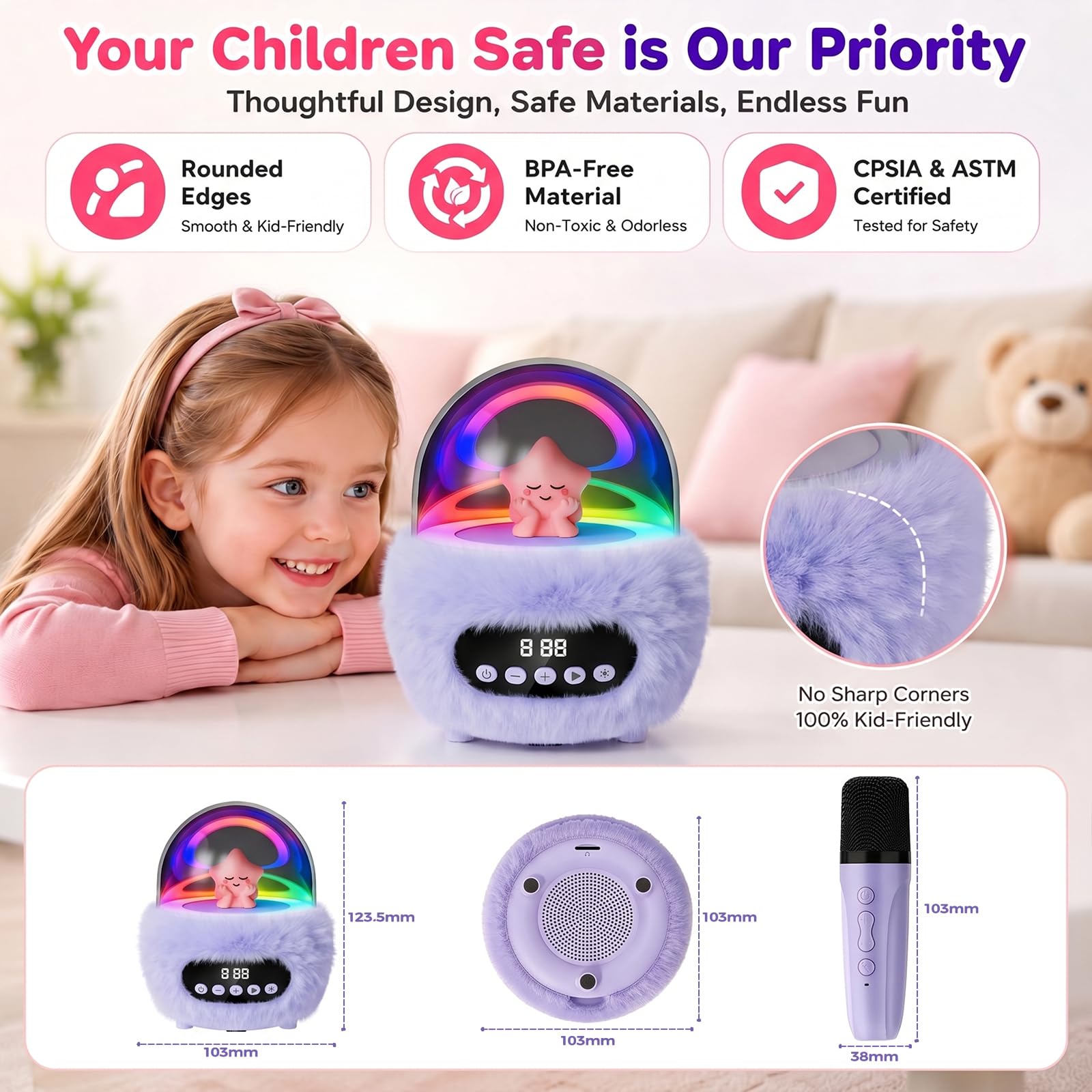 Macchina per karaoke per bambini con 2 microfoni: altoparlante Bluetooth portatile senza fili con luci RGB da discoteca, 4 effetti vocali, giocattolo cantante di compleanno per ragazze e ragazzi dai 3