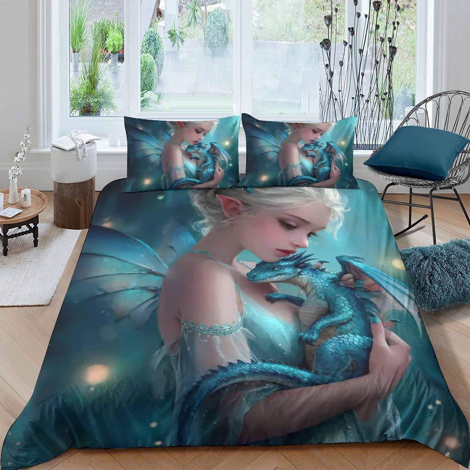GPLZQXKJNH 3D Printed Fantasy Fairy Duvet Cover Microfiber Soft Blue Bedroom Decor Enchanting Bedding Set with 2 Pillowcases Single（135x200cm）