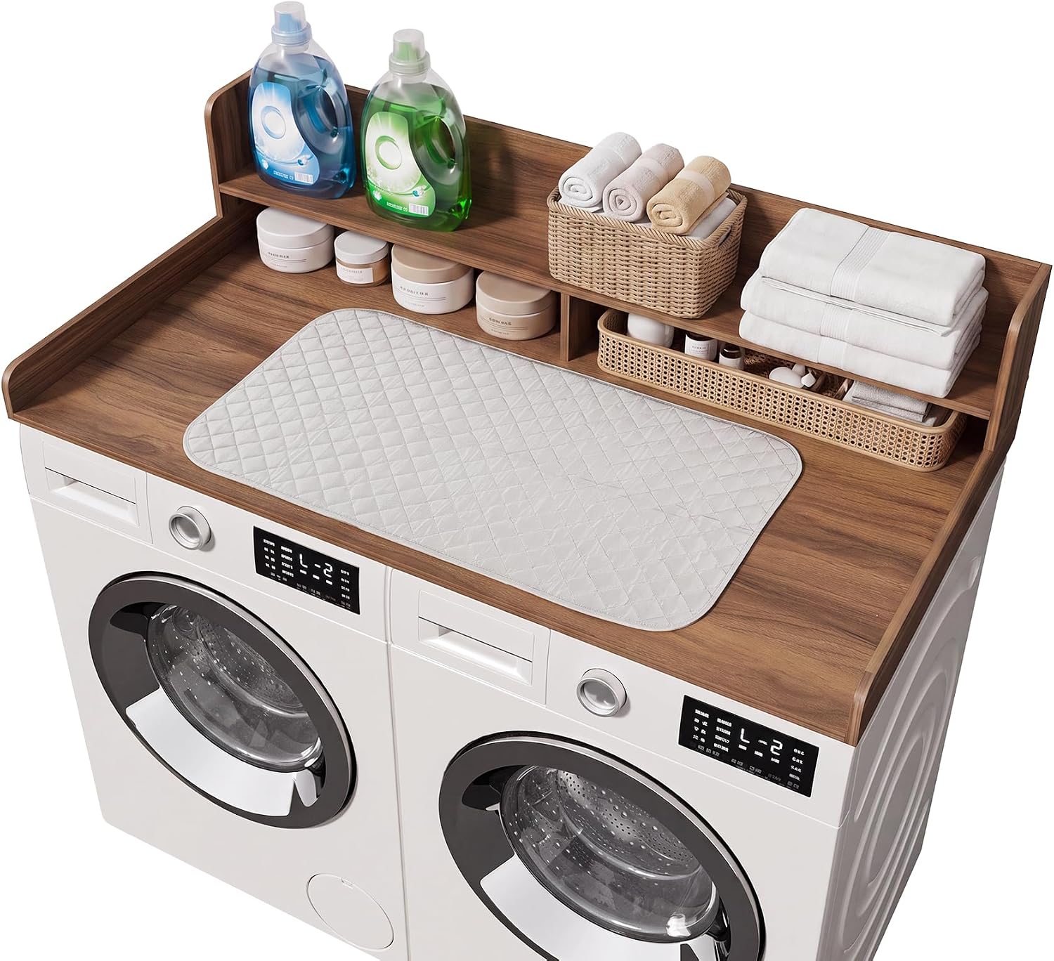 2 Tier Washer Dryer Countertop with Ironing Mat for Laundry Room Organization, 54" W x 27.5" D Wood Laundry Topper for Washer and Dryer, Waterproof, Stain-Resistant, Easy Setup