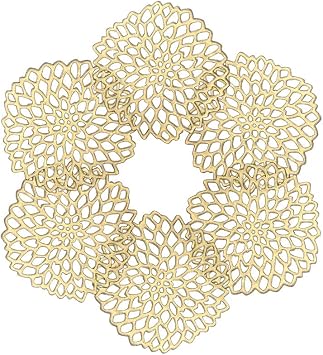 Sweet Elegance Coasters Set of 6 Hollow PVC Coaster Cup Mats Thanksgiving Table Ornament Decorations for Home Festival Gold Flowers